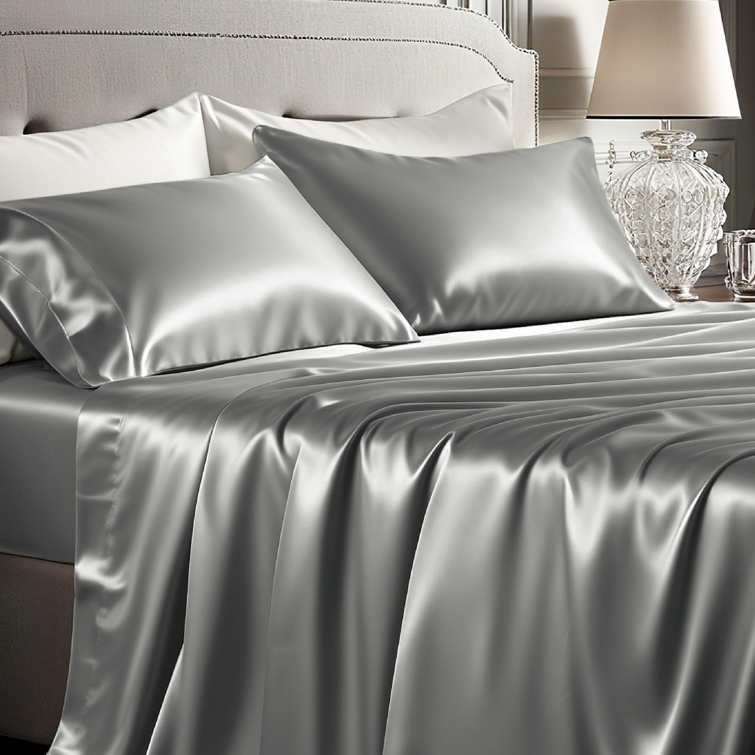 Bedsure Satin Sheets King Size - 4 Piece Silky Bedsheets with 15 Inches Deep Pocket Fitted Bedsheet,1 Flat Sheet, 2 Satin Pillowcases, Good for Hair & Skin (King, Silver Grey)