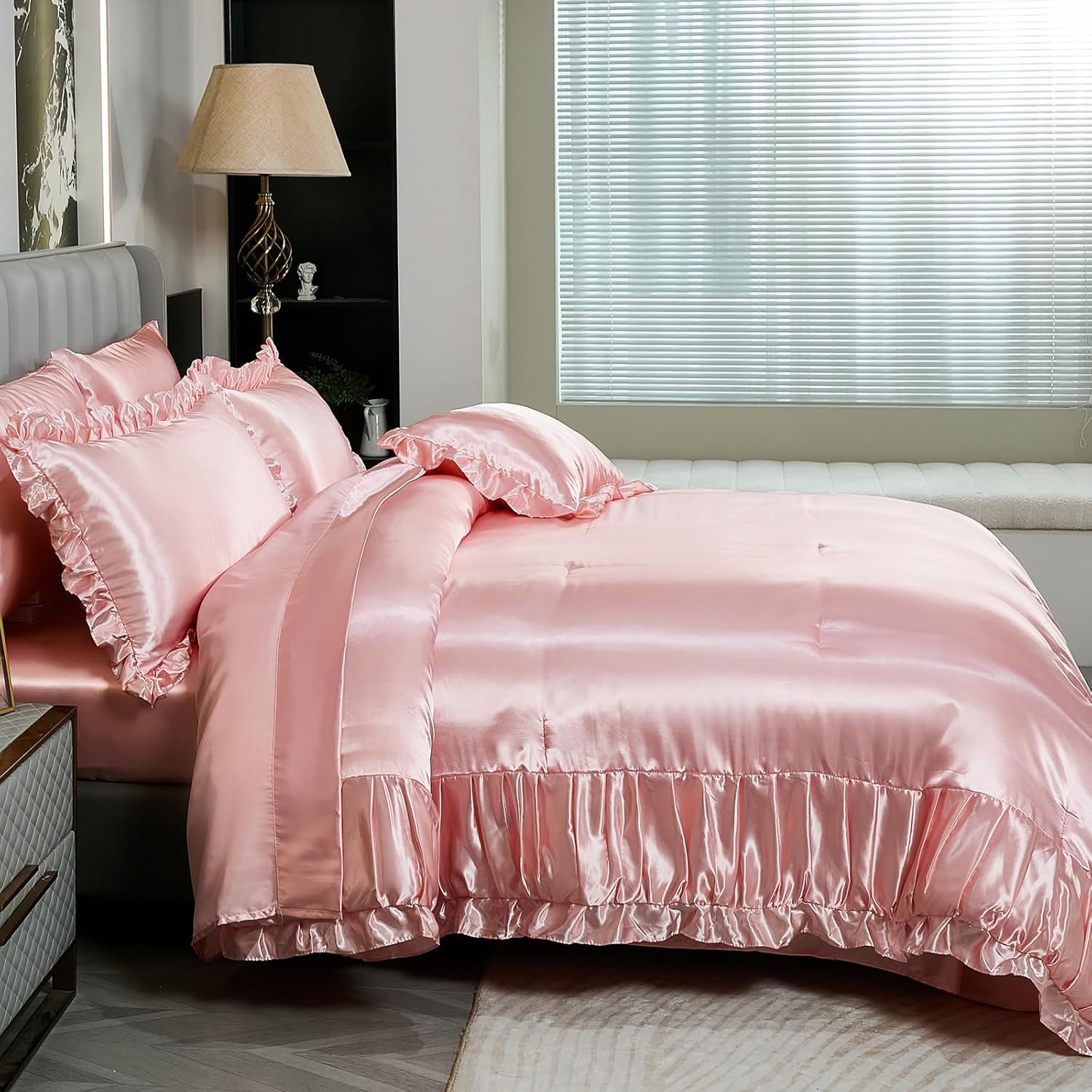 Herside Satin Pink Ruffle Comforter Set with Sheet Set Queen Size,8 Pieces Ruched Pleated Comforter Silk Like Satin Bedding Set,Soft Smooth Luxury Shabby Chic Silky Quilt Set for All Season