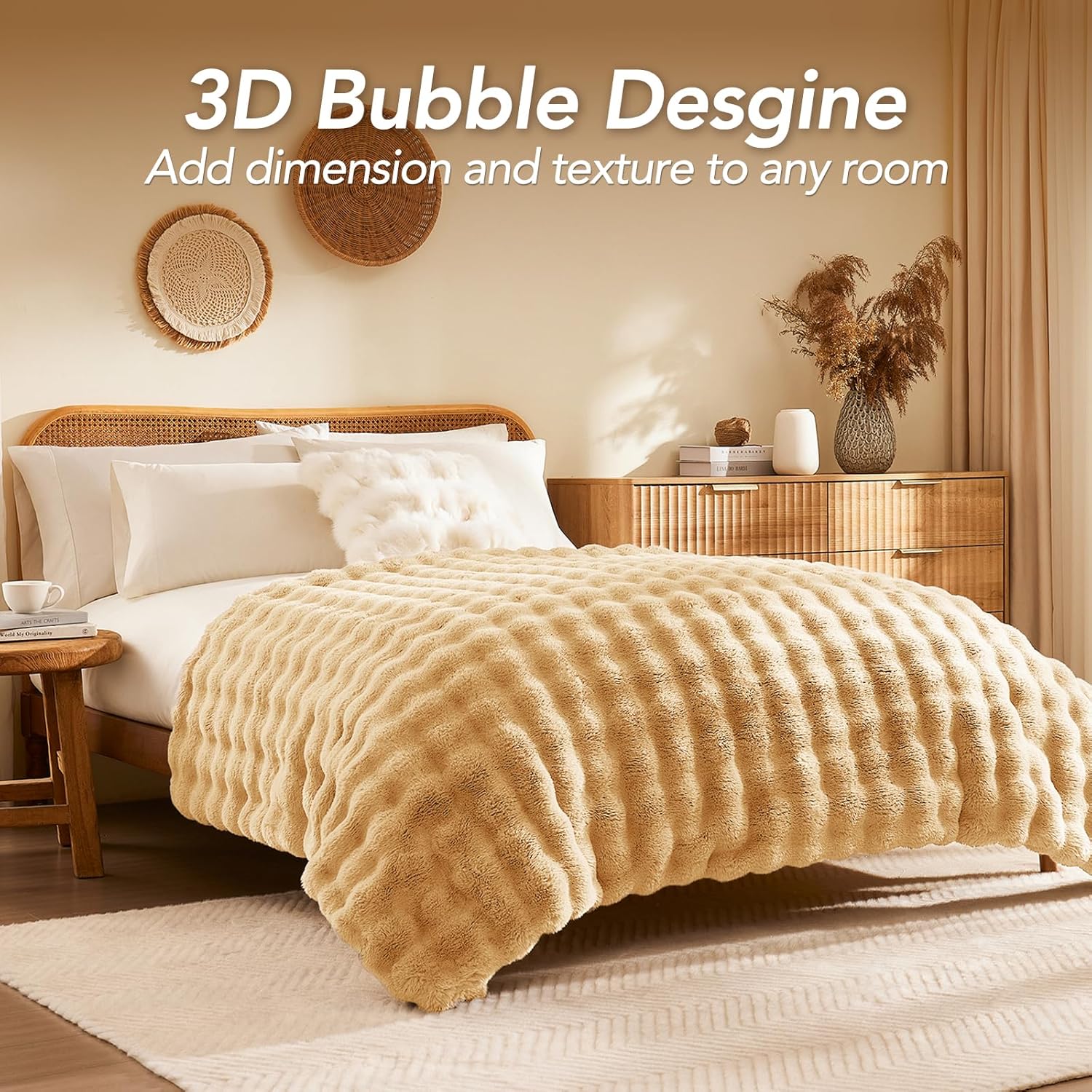 L'AGRATY Faux Rabbit Fur Blanket: 50" x 60" Luxury Soft Fluffy Thick Fur Throw Blanket for Couch Bed - Cozy Plush Bubble Blankets for Winter: Warm Flannel Fleece Decorative Blanket(Milk Tea Brown)