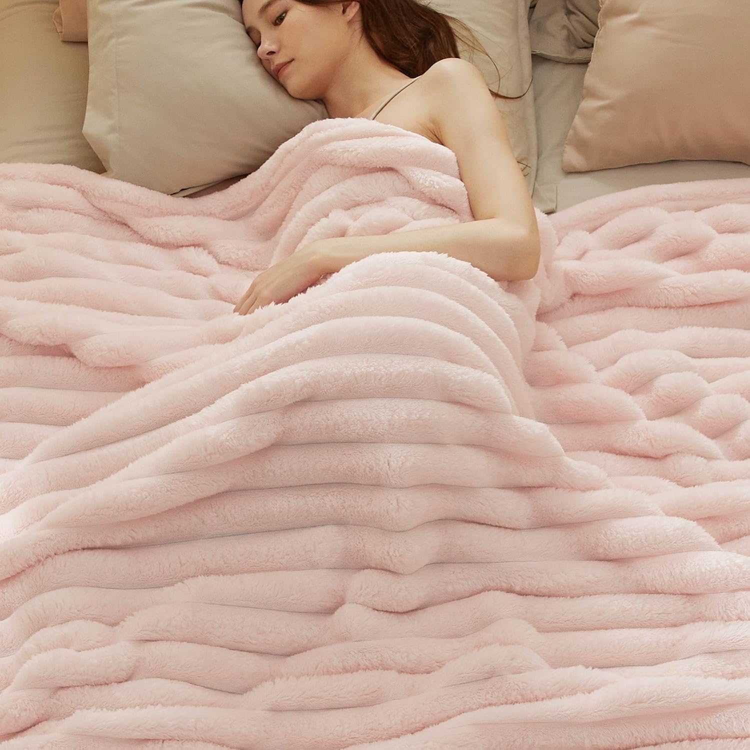 Bedsure Blankets Queen Size for Bed - 350GSM Super GentleSoft Fuzzy Fluffy Cozy Blankets for Women, Cute Large Plush Fleece Throws for Girls, Pink，90x90 Inches, Wider Striped Design