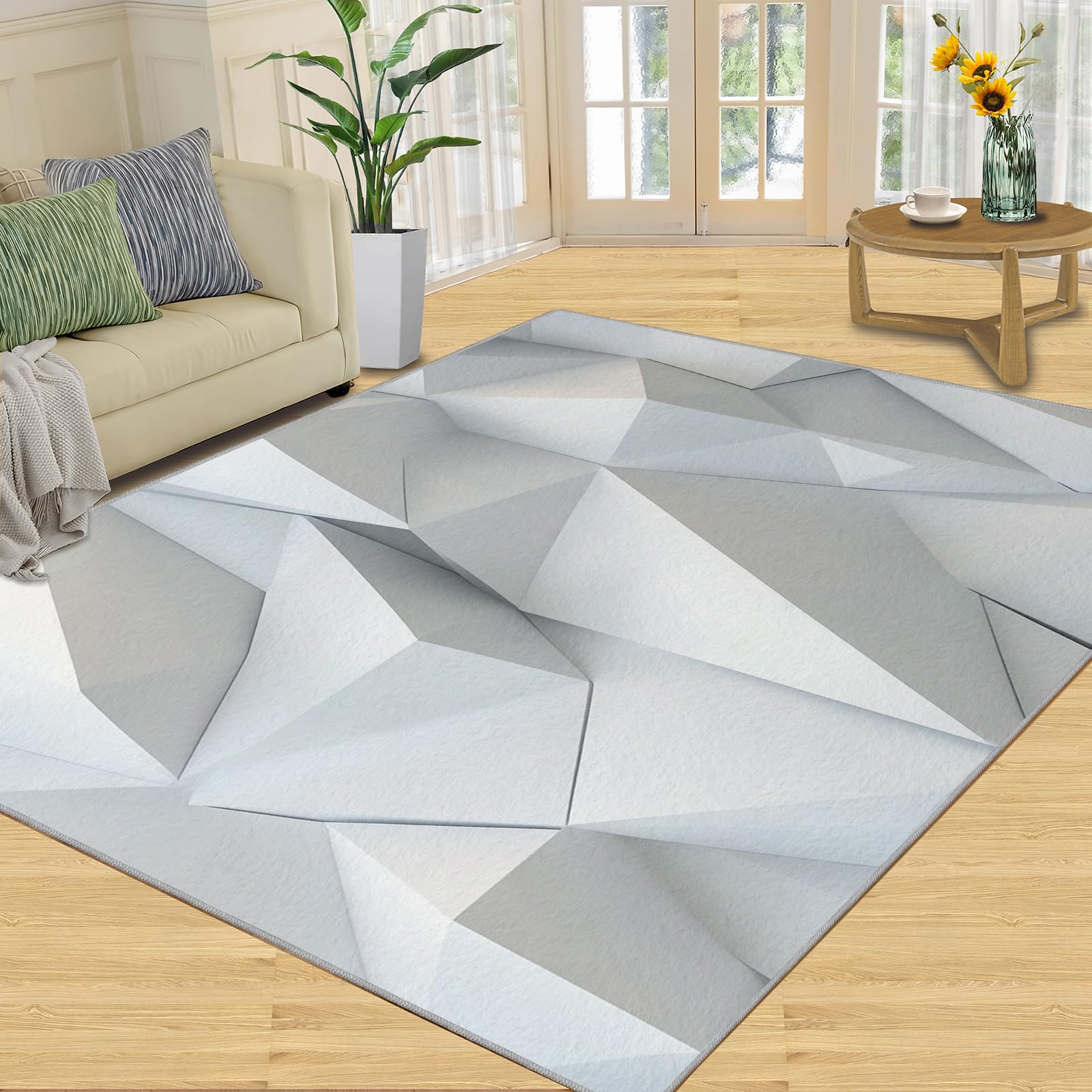 3D Geometric Rug - 4x4 Square Rug - Nordic Geometric Rugs for Living Room Bedroom, Blue Gradient Indoor Carpet - Washable Non Slip Soft Low Pile - Area Rugs & Home Decor