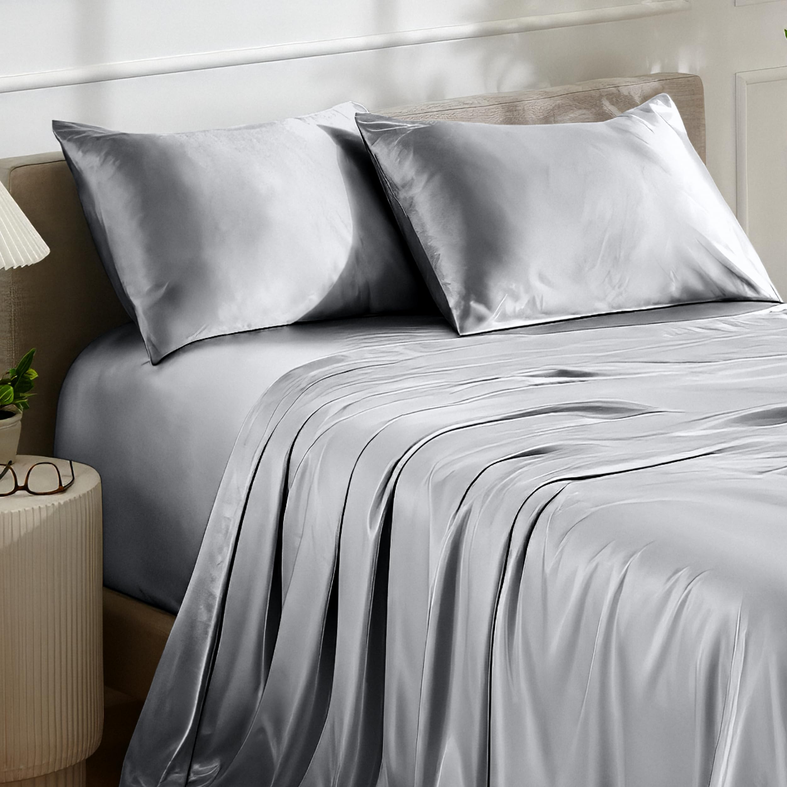 Bare Home King Poly Satin Sheet Set - Luxury Soft and Smooth Satin - for Hair and Skin - Breathable - Similar to Silk - Deep Pocket up to 15” - Bedding Sheet Set (King, Grey)