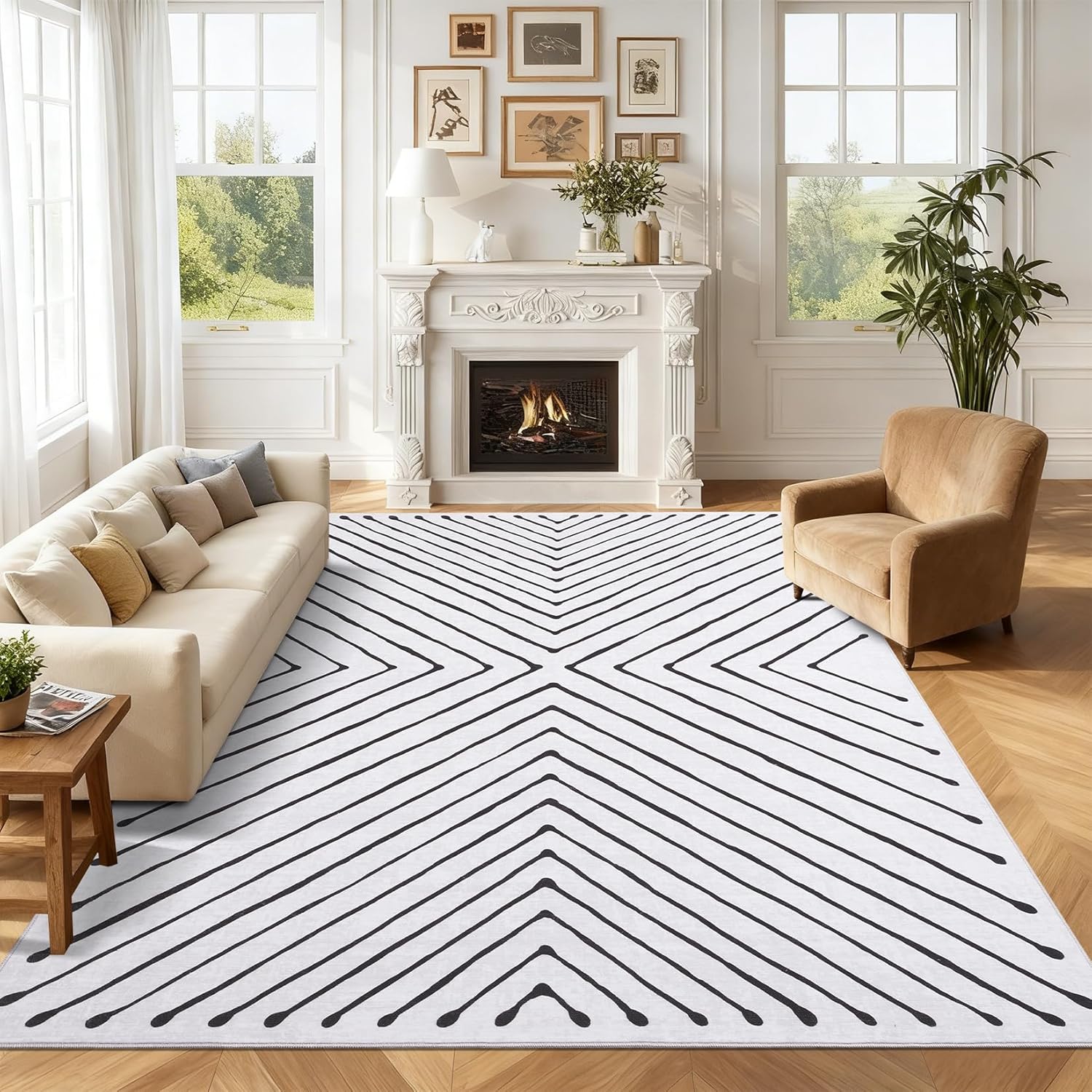 Area Rug 9x12 Living Room Rug Non Slip Modern Bedroom Stain Resistant Dining Room Throw Carpet Geometric Low Pile Untra Soft Contemporary Accent Carpet for Home Office, White&Black