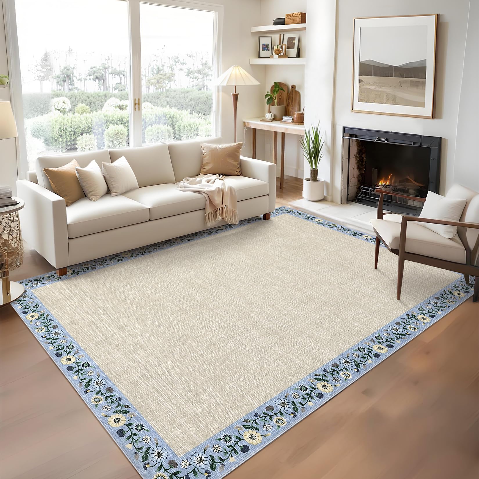 GarveeHome Modern Geometric Area Rug 5x7 Distressed Bordered Rug Washable Non Slip Floor Carpet Non Shedding Thin Rug, Soft Low Pile Rug, Contemporary Brown Rug for Dining Room, Living Room