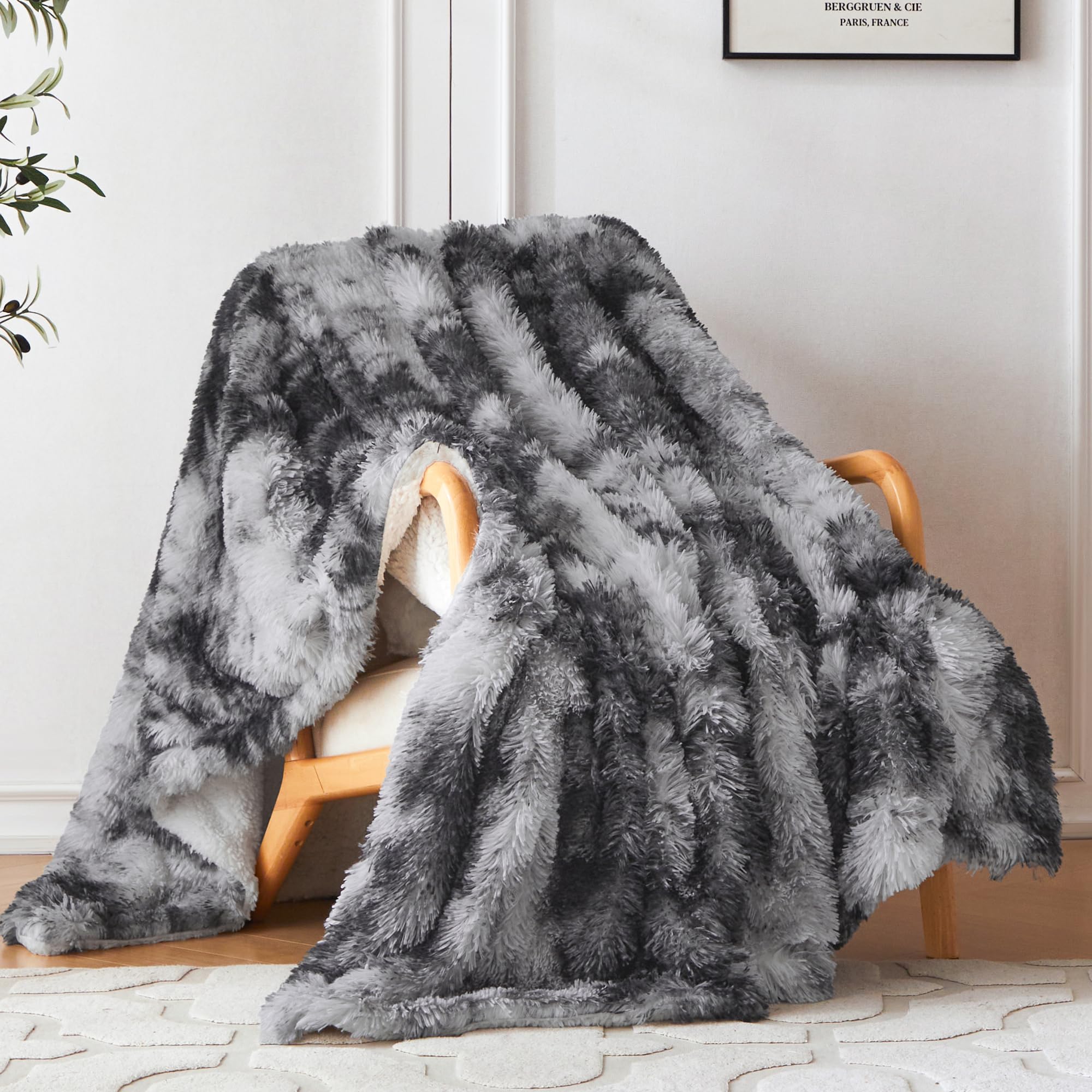 COOVA Ultra Soft Faux Fur Throw Blanket – Fuzzy Fluffy Cozy Microfiber Blankets, Warm Thick Plush Sherpa Fleece Throw Blanket for Couch,Bed,Sofa,Ideal Gift for Women.(Tie Dye Grey, 50"x60")