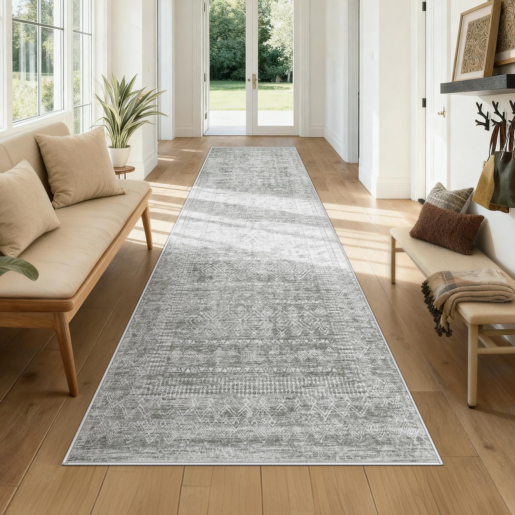 6x9 Area Rugs for Living Room: Washable Moroccan Geometric Boho Rug Farmhouse Non Slip Stain Resistant Large Rug Low Pile Soft Carpet for Bedroom Dining Room Home Office Children Room (Grey,6'x9')