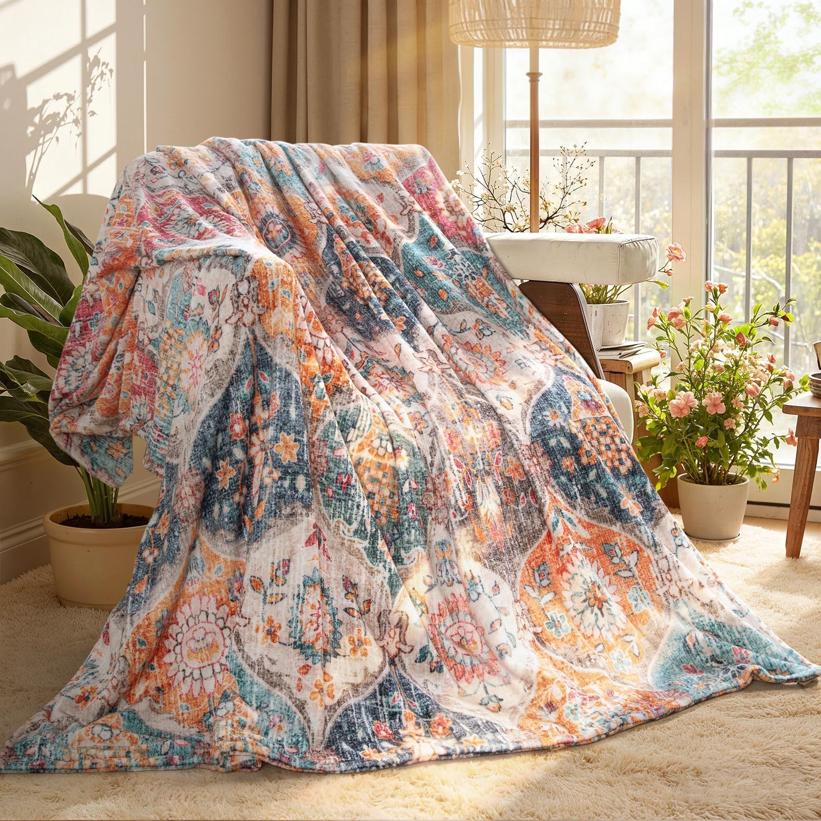 Lahome Rerto Fleece Blanket for Women Boho Bedroom Decor, Small Throw Blanket for Couch Bed Chair Cover, Decorative Fleece Blanket Throws Mom Gift Vintage Home Decor, Bohemian Colorful 50x60