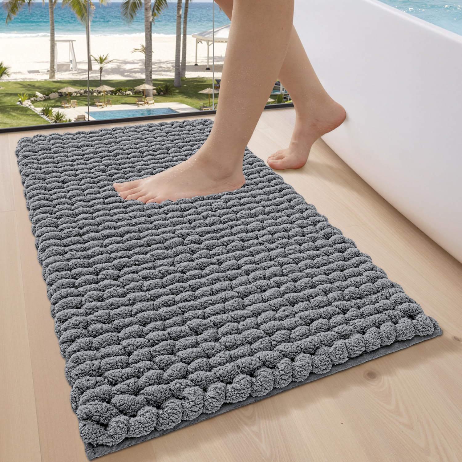 LUMI Luxury Bathroom Rug, Ultra Soft Quick Dry Bath Mat, Non-Slip Absorbent Thick Chenille Bath Rug, Cozy Braid Design Floor Mat for Bathtub, Sink, Laundry, Bedroom, Grey, 24"x43"