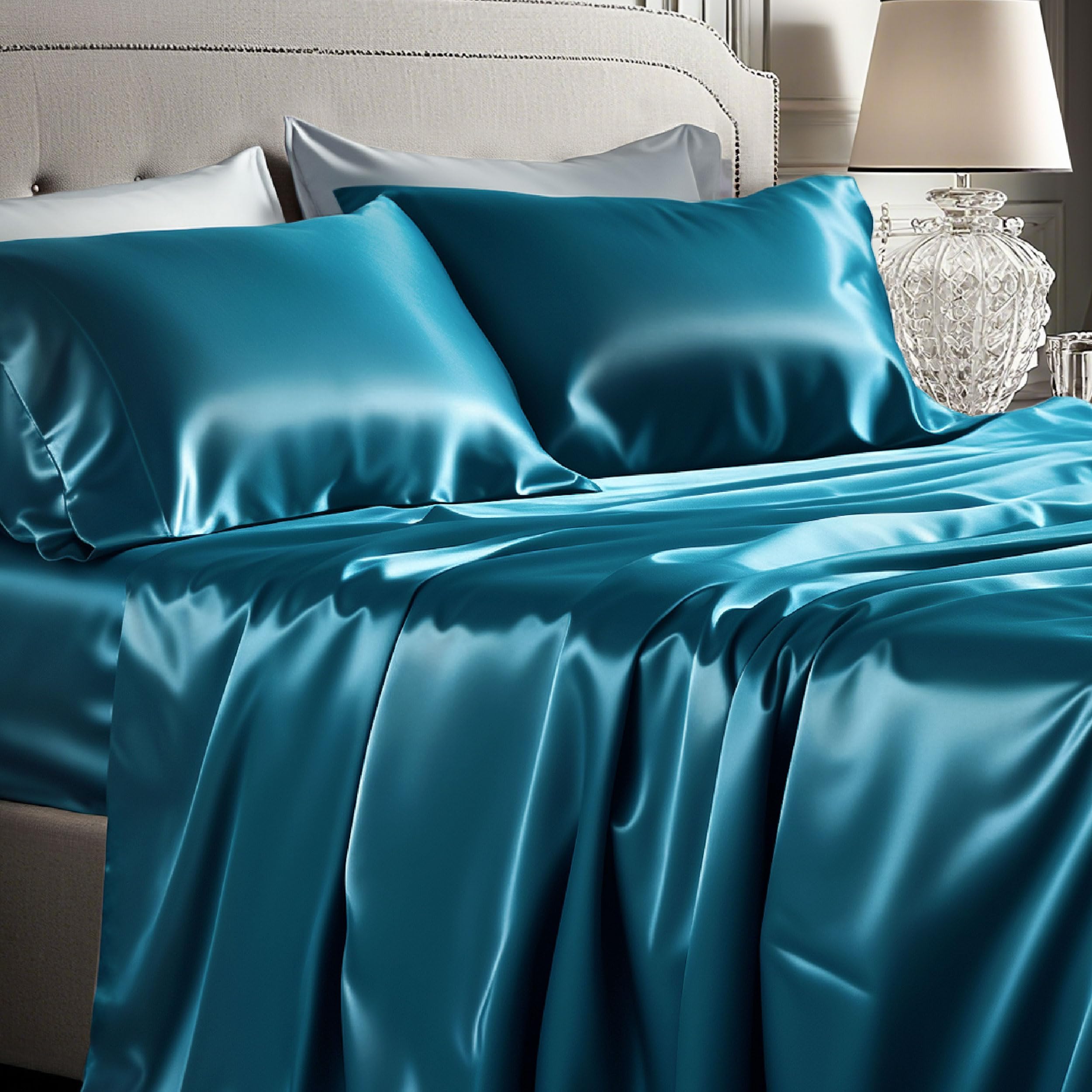 Bedsure Satin Sheets King Size - 4 Piece Silky Bedsheets with 15 Inches Deep Pocket Fitted Bedsheet,1 Flat Sheet, 2 Satin Pillowcases, Good for Hair & Skin (King, Silver Grey)