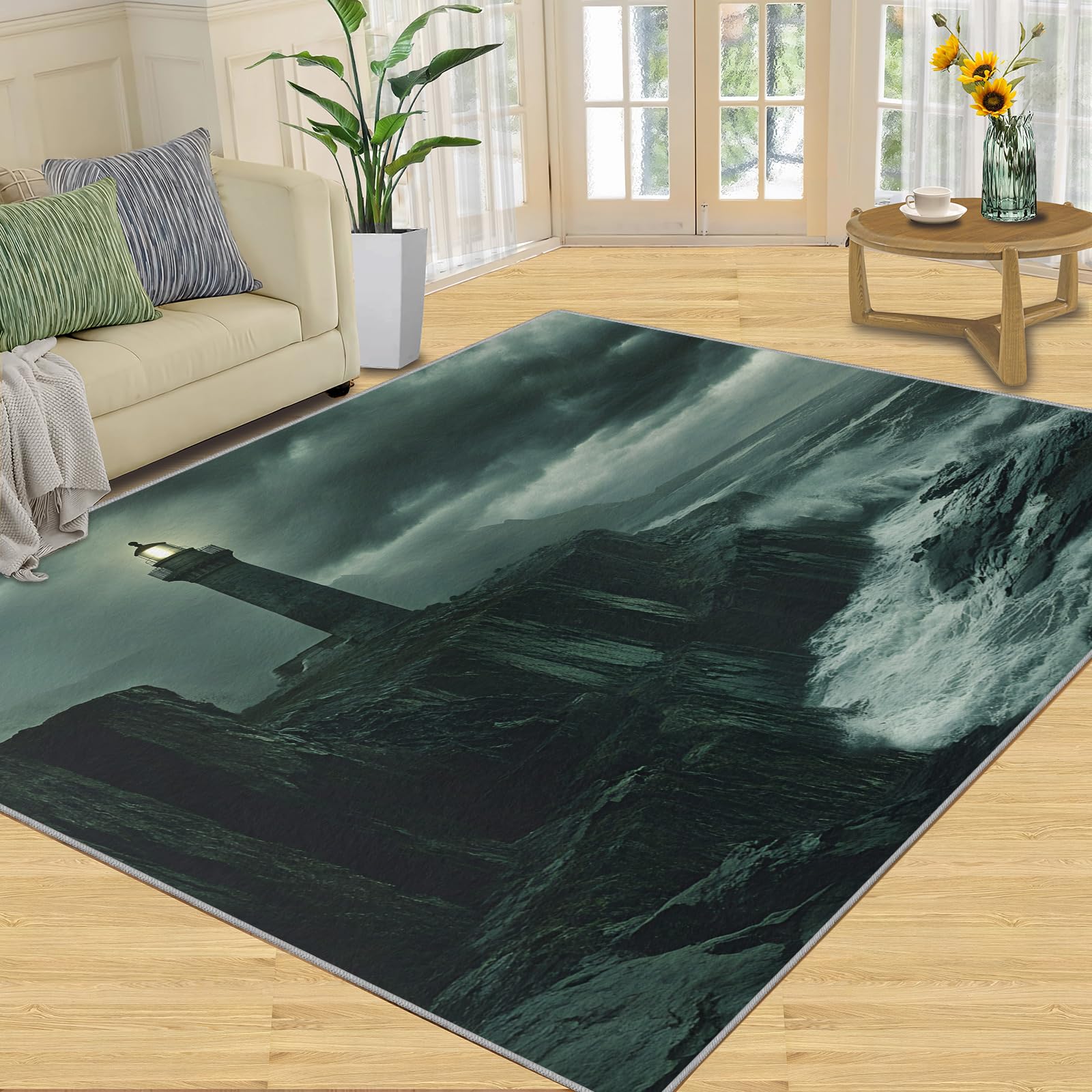 3D Geometric Rug - 4x4 Square Rug - Nordic Geometric Rugs for Living Room Bedroom, Blue Gradient Indoor Carpet - Washable Non Slip Soft Low Pile - Area Rugs & Home Decor