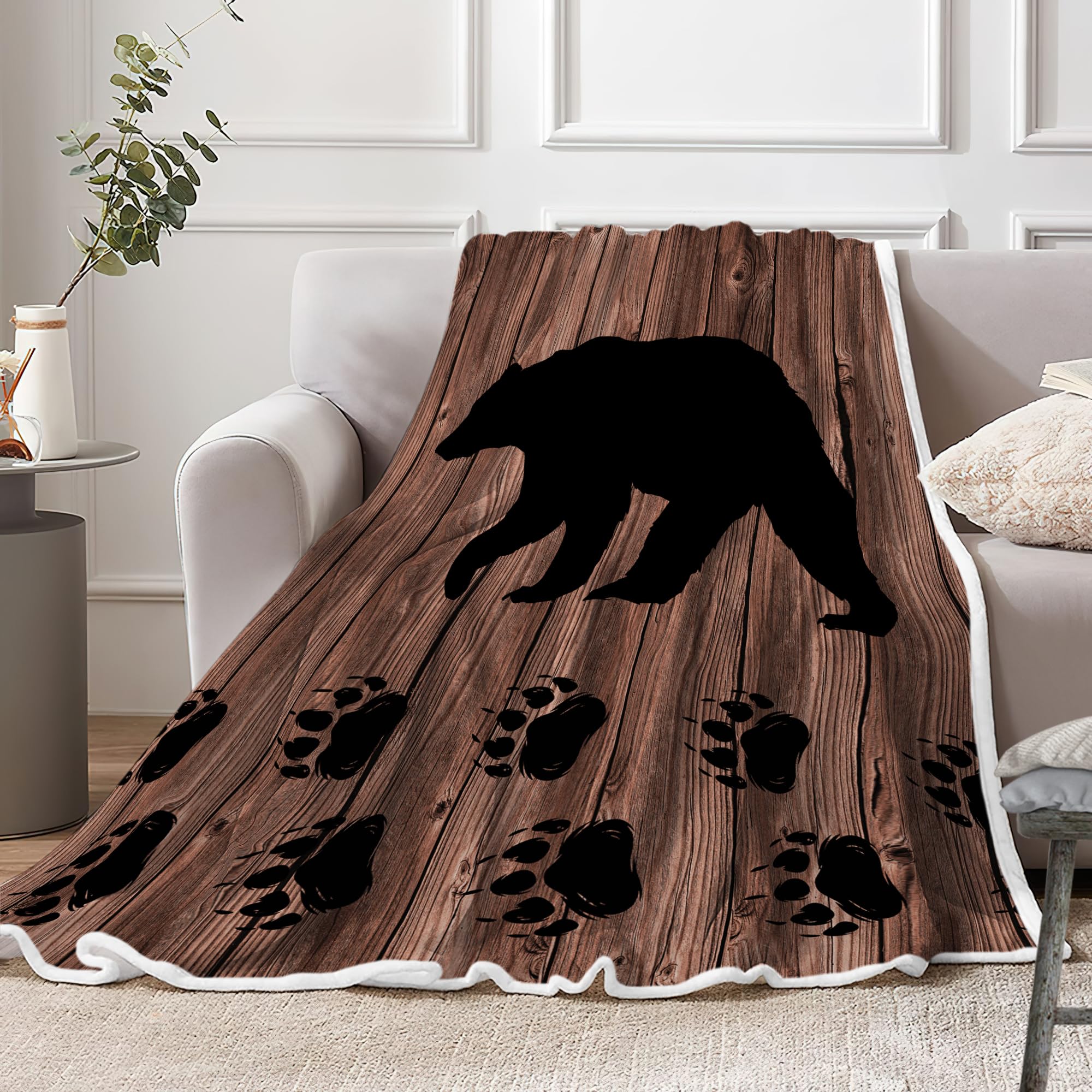 Torich Cabin Retro Rustic Lodge Flannel Throw Blankets, Bear Deer Country Hunting Wild Animal Cozy Warm Bed Couch Blanket, White Fleece Flannel Throws to Decorate The Room and Bedroom Camping Travel