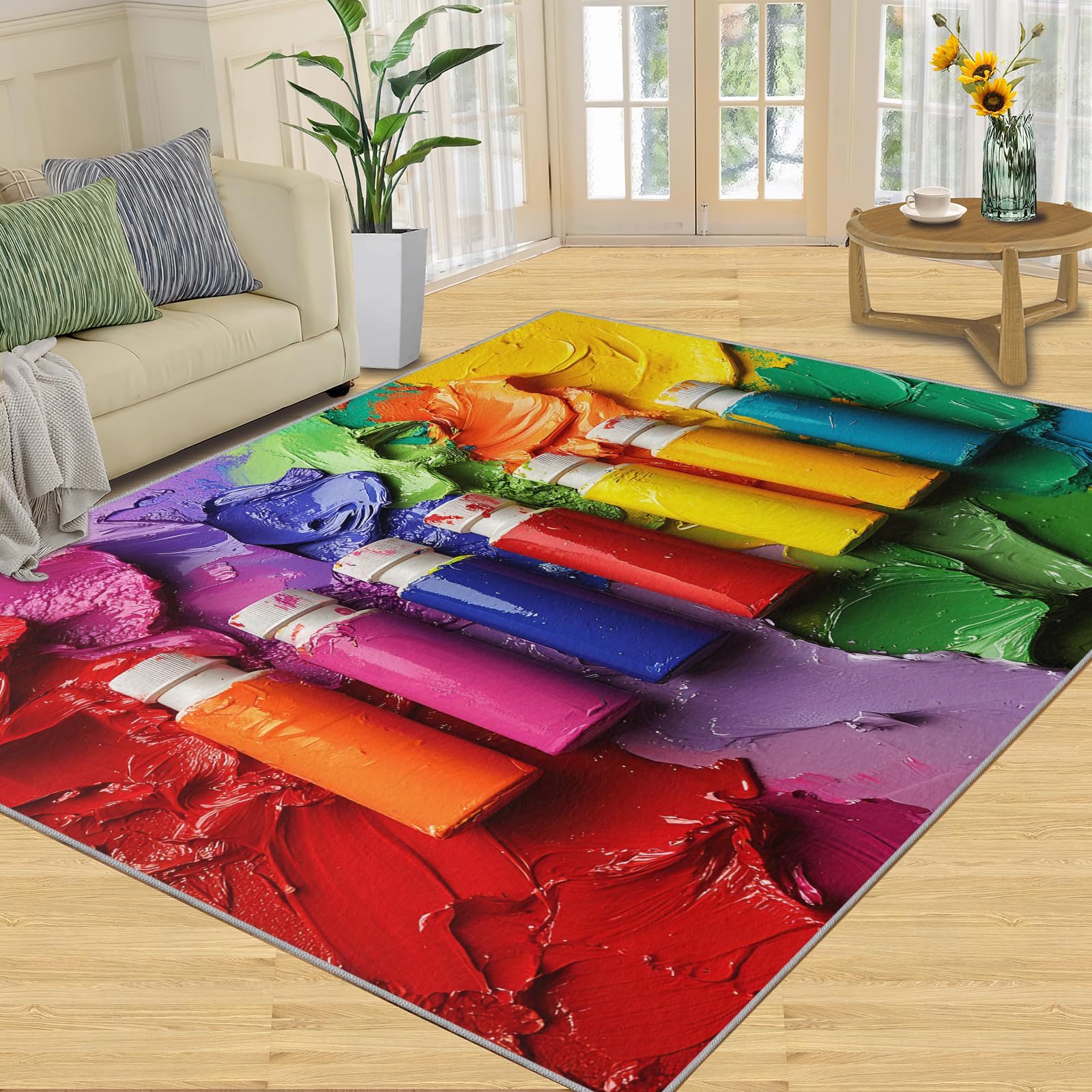 3D Geometric Rug - 4x4 Square Rug - Nordic Geometric Rugs for Living Room Bedroom, Blue Gradient Indoor Carpet - Washable Non Slip Soft Low Pile - Area Rugs & Home Decor