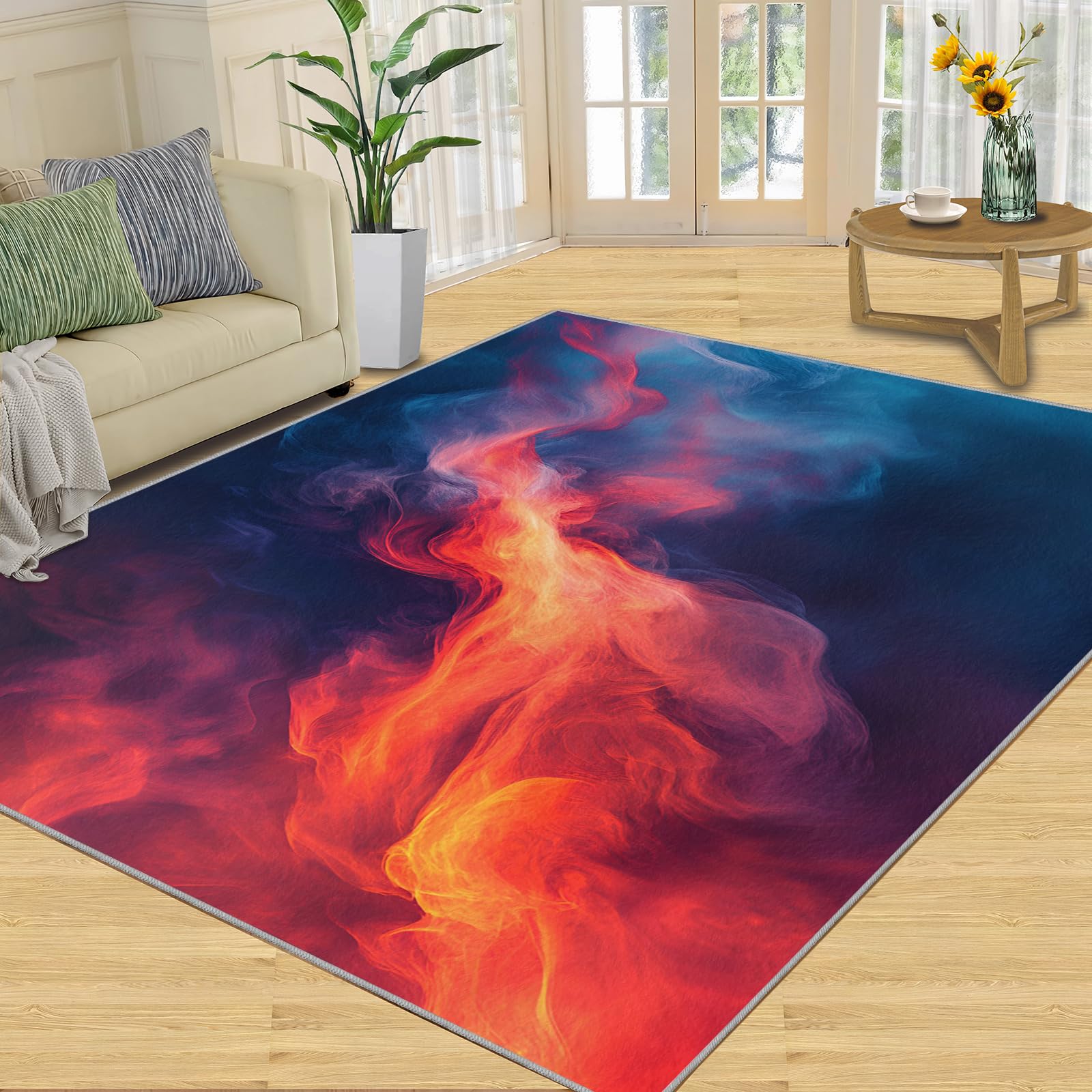 3D Geometric Rug - 4x4 Square Rug - Nordic Geometric Rugs for Living Room Bedroom, Blue Gradient Indoor Carpet - Washable Non Slip Soft Low Pile - Area Rugs & Home Decor