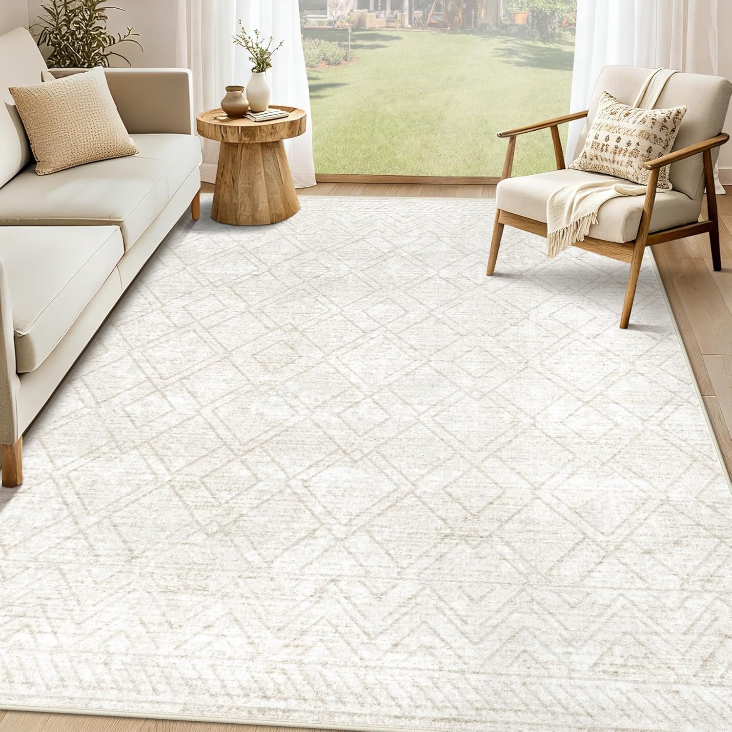 Area Rugs 5x7 Living Room Rug: Washable Geometric Moroccan Neutral Rugs Boho Modern Non Slip Area Rug Soft Indoor Floor Low Pile Carpet for Bedroom Nursery Dining Room Home Office (Beige, 5'x7')