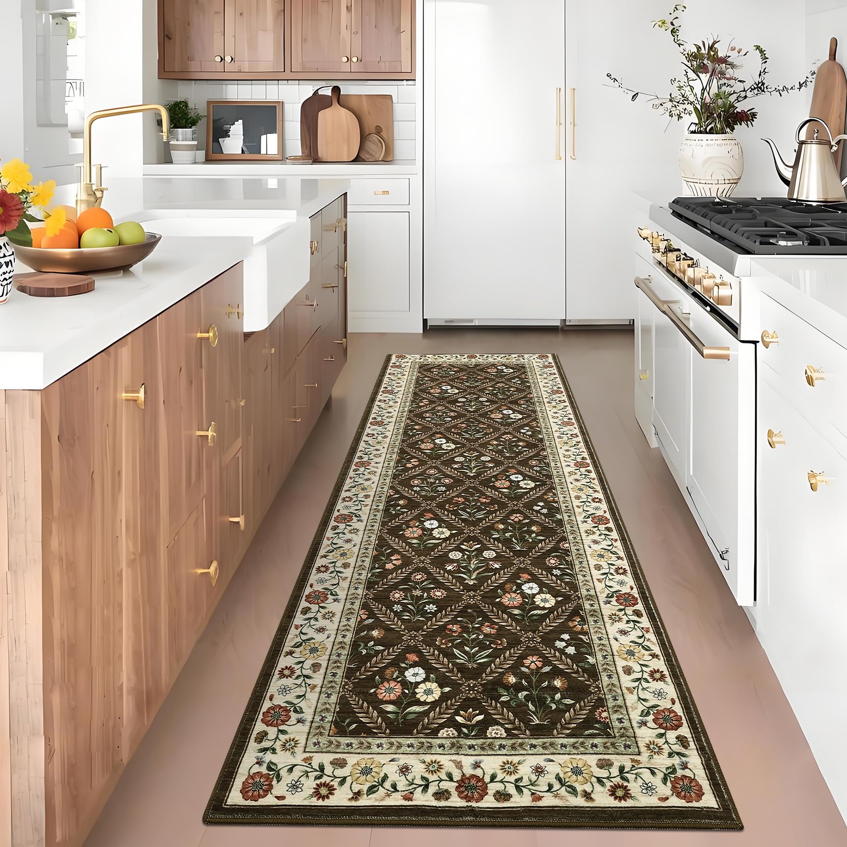 GarveeHome Modern Geometric Area Rug 5x7 Distressed Bordered Rug Washable Non Slip Floor Carpet Non Shedding Thin Rug, Soft Low Pile Rug, Contemporary Brown Rug for Dining Room, Living Room