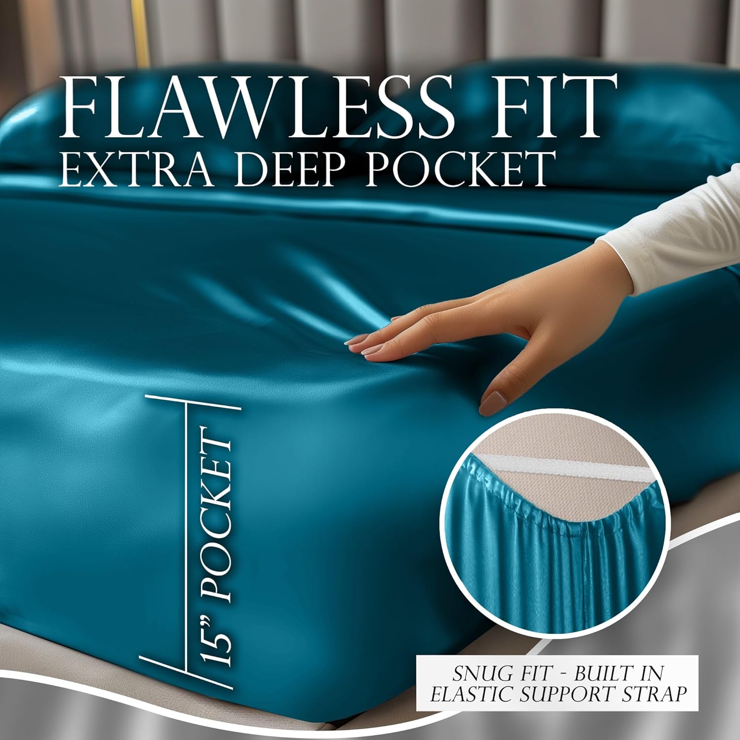 DECOLURE Satin Sheets King Size Set 4 Pcs - Silky & Luxuriously Soft Satin Bed Sheets w/ 15inch Deep Pocket - Similar to Silk Sheets - Double Stitching, Wrinkle Free (Sea Teal-01)