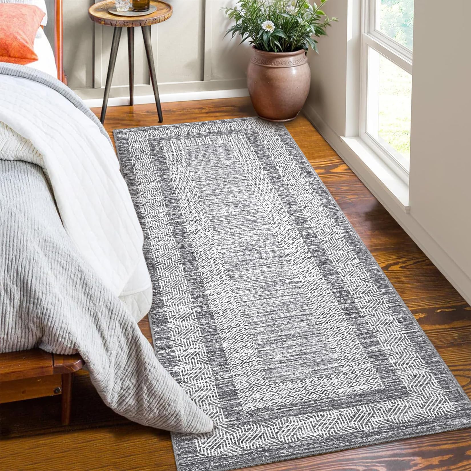 GarveeHome Modern Geometric Area Rug 5x7 Distressed Bordered Rug Washable Non Slip Floor Carpet Non Shedding Thin Rug, Soft Low Pile Rug, Contemporary Brown Rug for Dining Room, Living Room