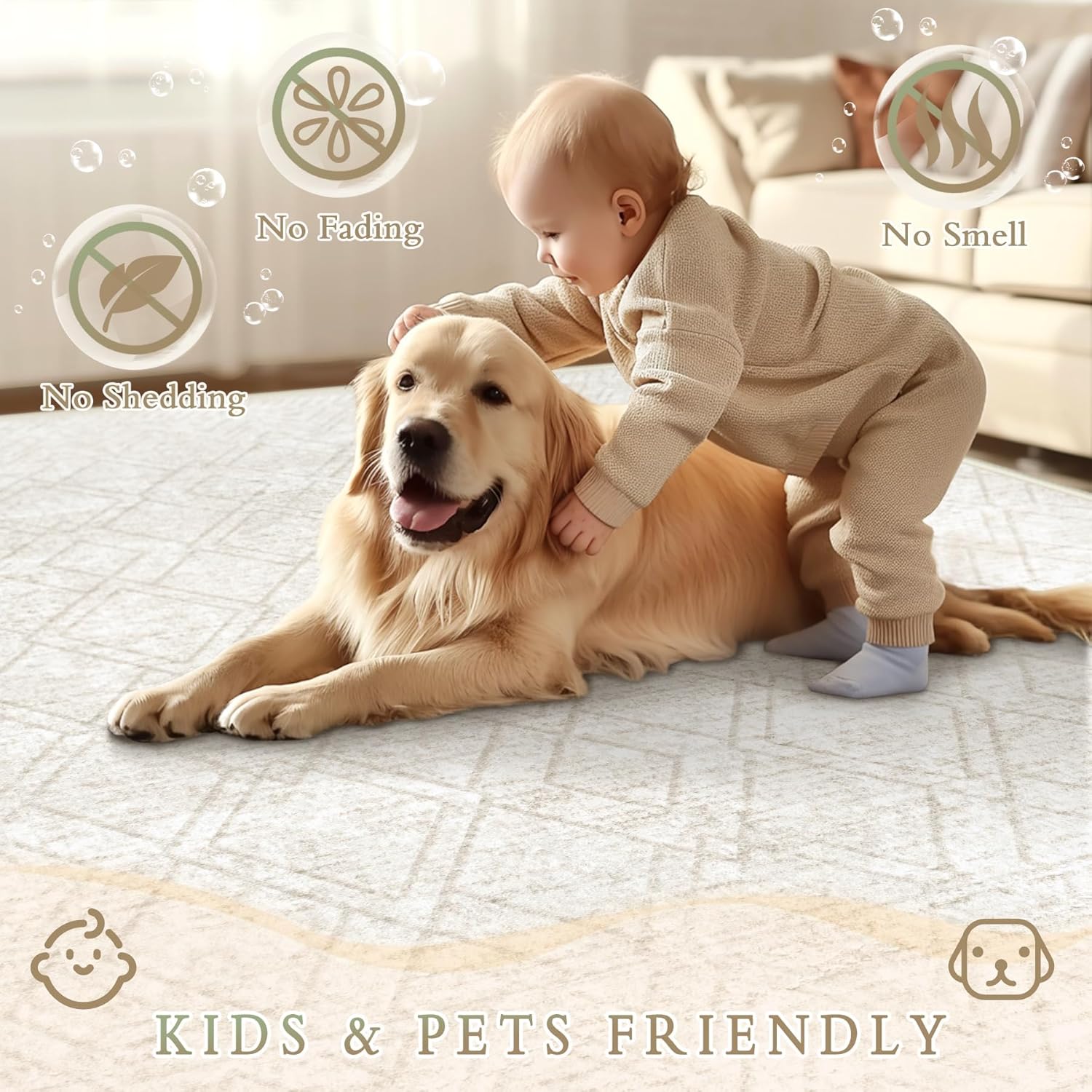 Area Rugs 5x7 Living Room Rug: Washable Geometric Moroccan Neutral Rugs Boho Modern Non Slip Area Rug Soft Indoor Floor Low Pile Carpet for Bedroom Nursery Dining Room Home Office (Beige, 5'x7')