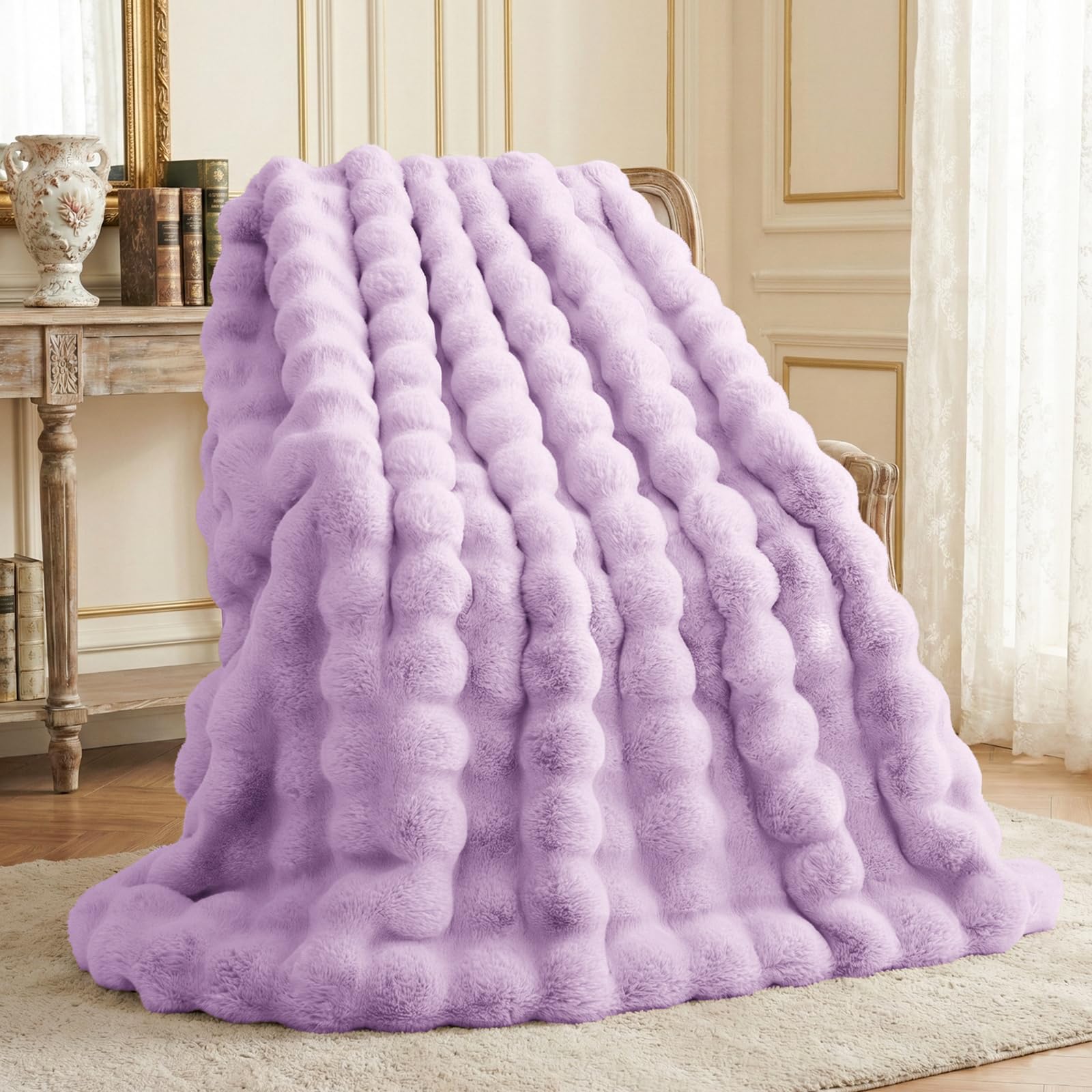 L'AGRATY Faux Rabbit Fur Blanket: 50" x 60" Luxury Soft Fluffy Thick Fur Throw Blanket for Couch Bed - Cozy Plush Bubble Blankets for Winter: Warm Flannel Fleece Decorative Blanket(Milk Tea Brown)