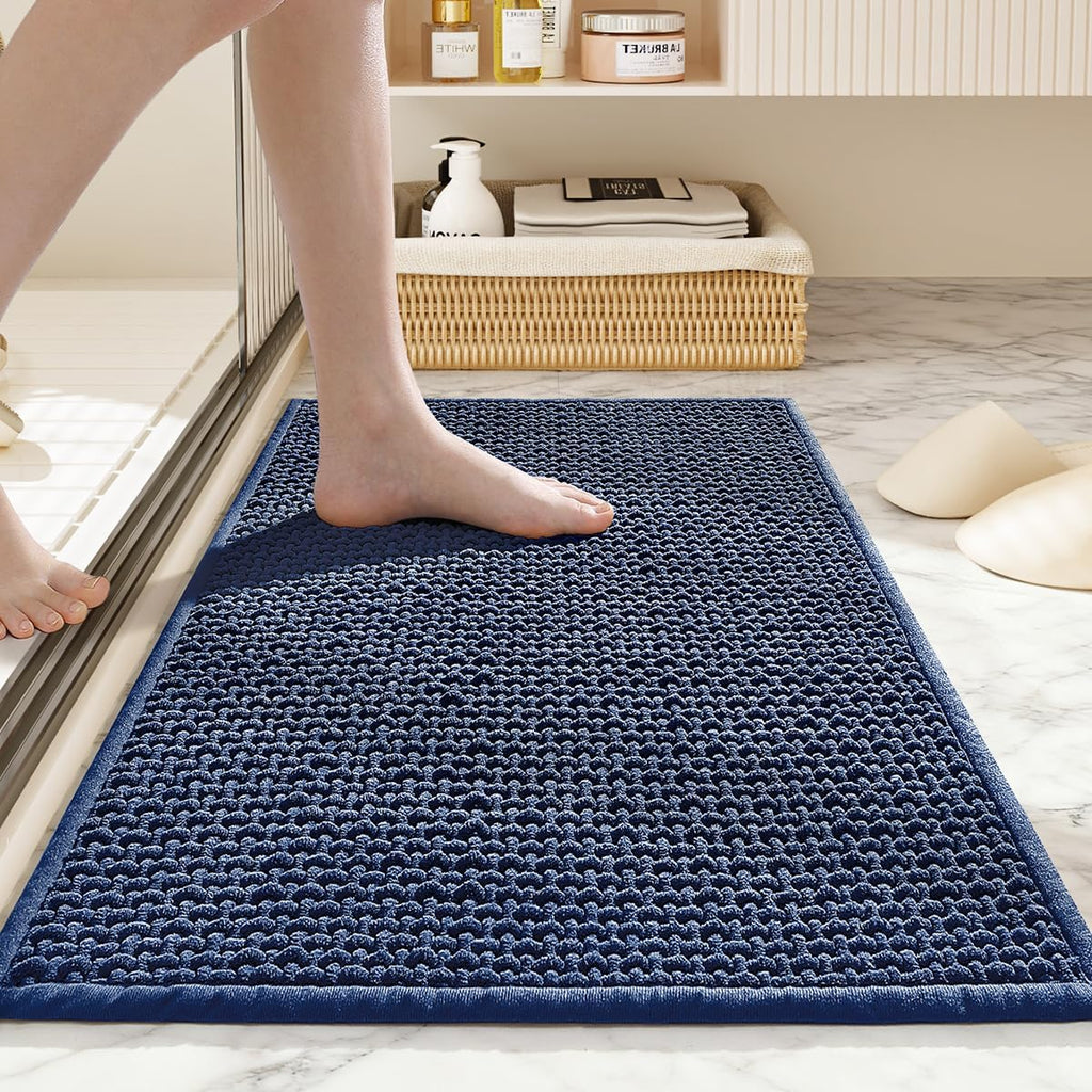 Bathroom Rugs Non Slip Washable, Super Absorbent Thin Bath Mat for Small Quick Dry Low Pile Bathroom Rug, (Navy Blue, 32″x20″)