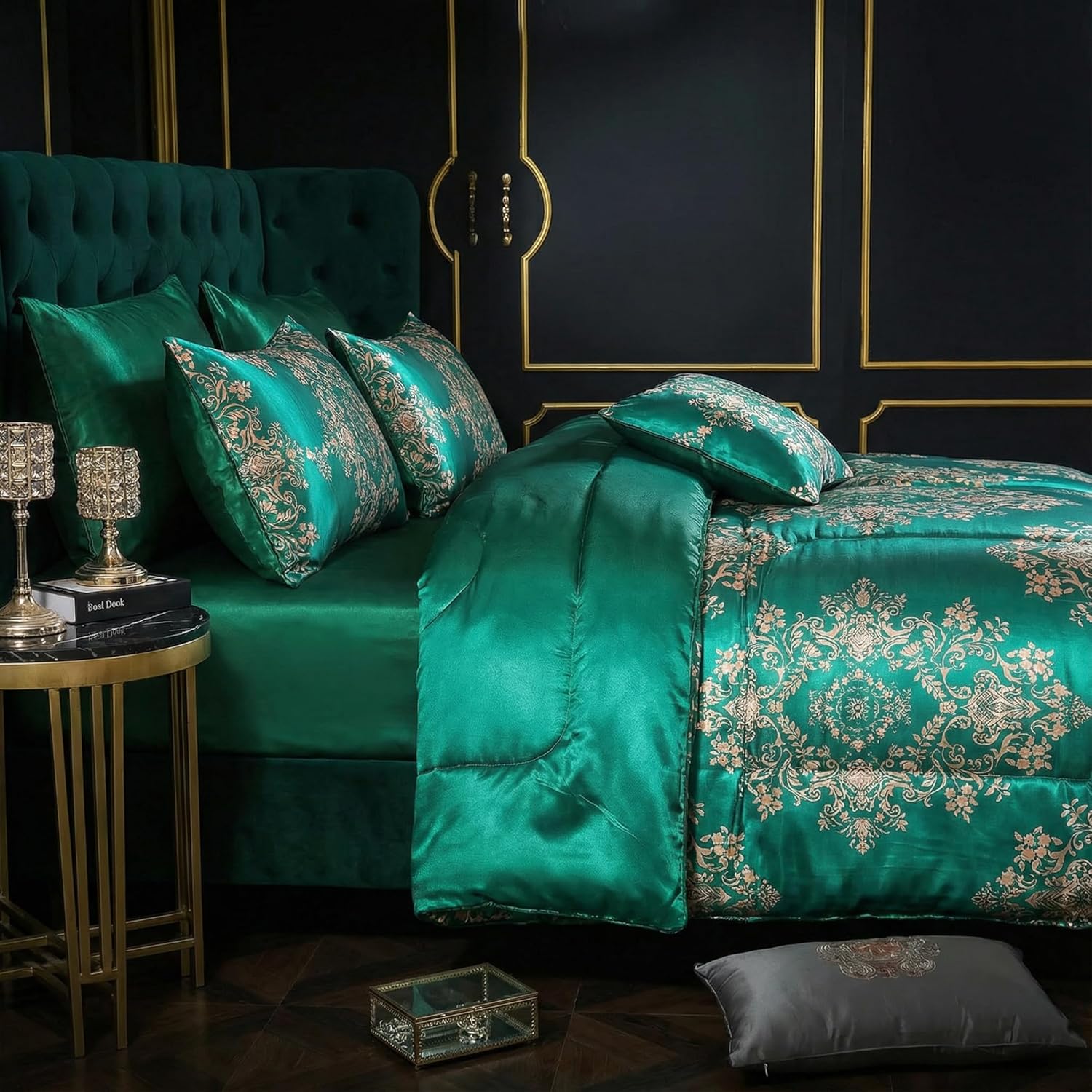 MOVE OVER 8 Pieces Green Satin Comforter Set King Size Silk Like Satin Bed in a Bag Soft and Elegant Euro Floral Comforter Set with Sheet Set Boho Chic Flower Pattern Luxury Bedding Set