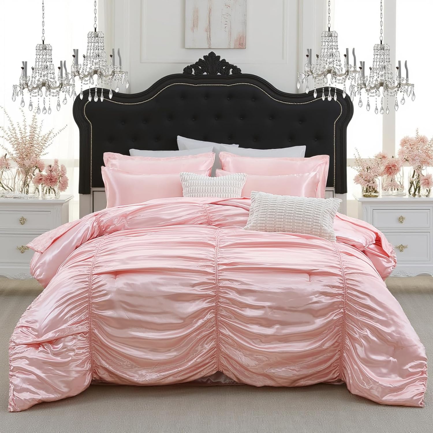 Bedorm Queen Size Satin Comforter Set 9 Pcs Pinch Pleat Bedding Comforter Extra Soft Fluffy Silky Pink Satin Bedding Set with Comforter, Flat Sheet, Fitted Sheet, Pillowcase & Cushion Cover