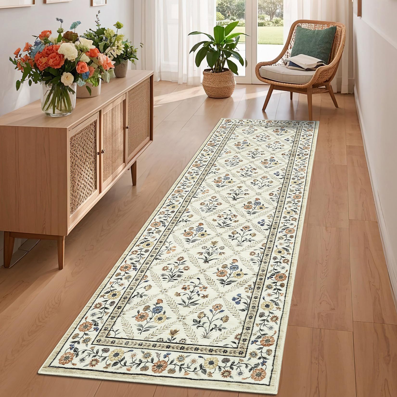 GarveeHome Modern Geometric Area Rug 5x7 Distressed Bordered Rug Washable Non Slip Floor Carpet Non Shedding Thin Rug, Soft Low Pile Rug, Contemporary Brown Rug for Dining Room, Living Room