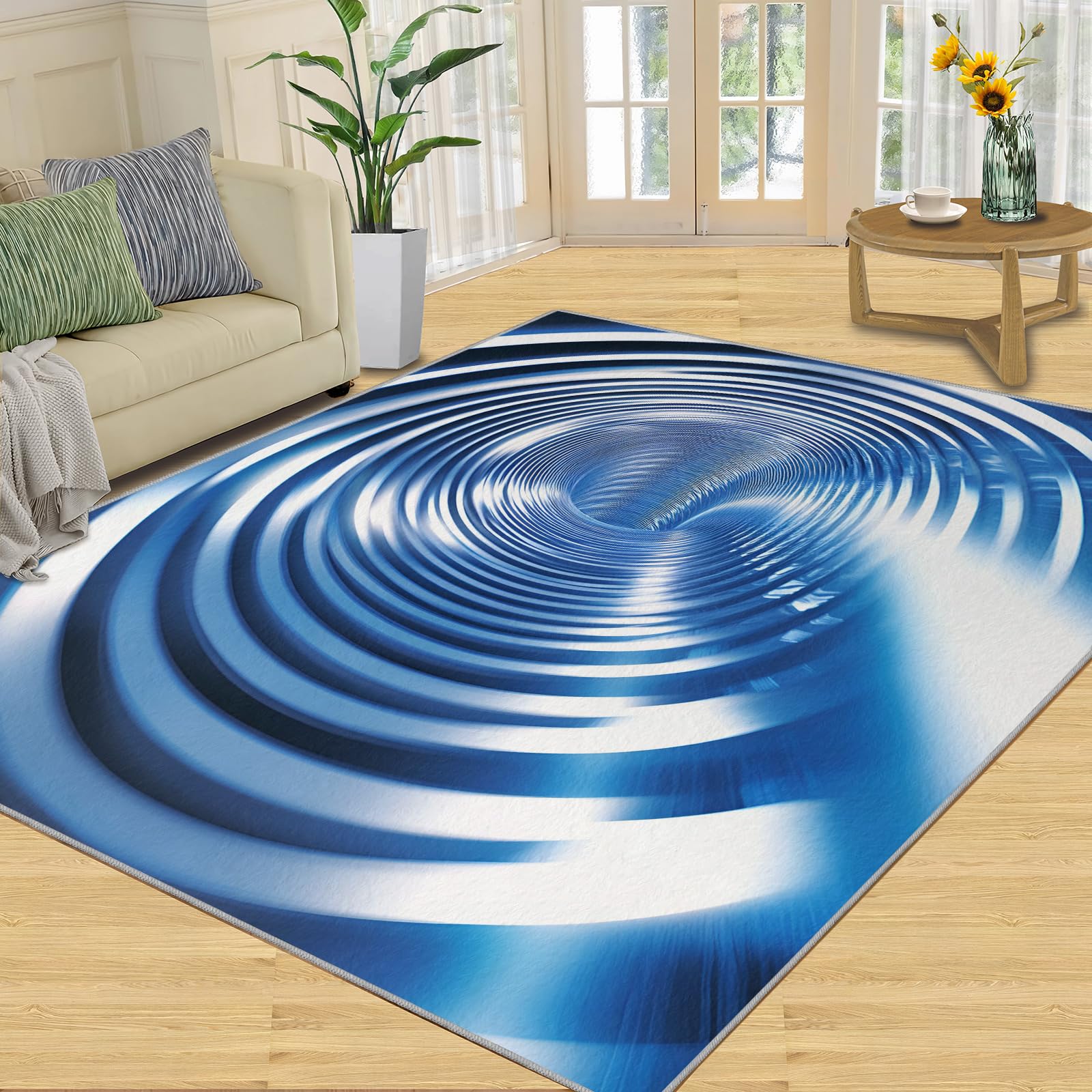 3D Geometric Rug - 4x4 Square Rug - Nordic Geometric Rugs for Living Room Bedroom, Blue Gradient Indoor Carpet - Washable Non Slip Soft Low Pile - Area Rugs & Home Decor