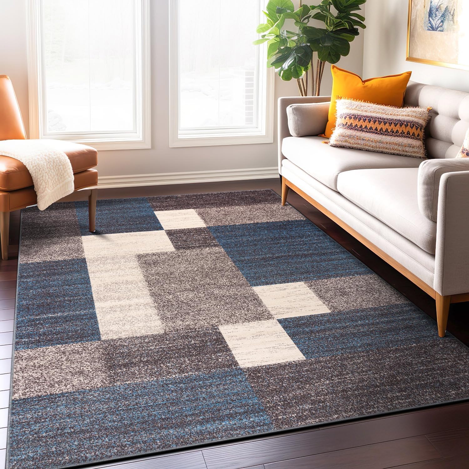 Rugshop Contemporary Blue Geometric Boxes Non-Slip Area Rug Non-Shedding for Living Room, Dining Room and Office, 5'3" x 7'3"