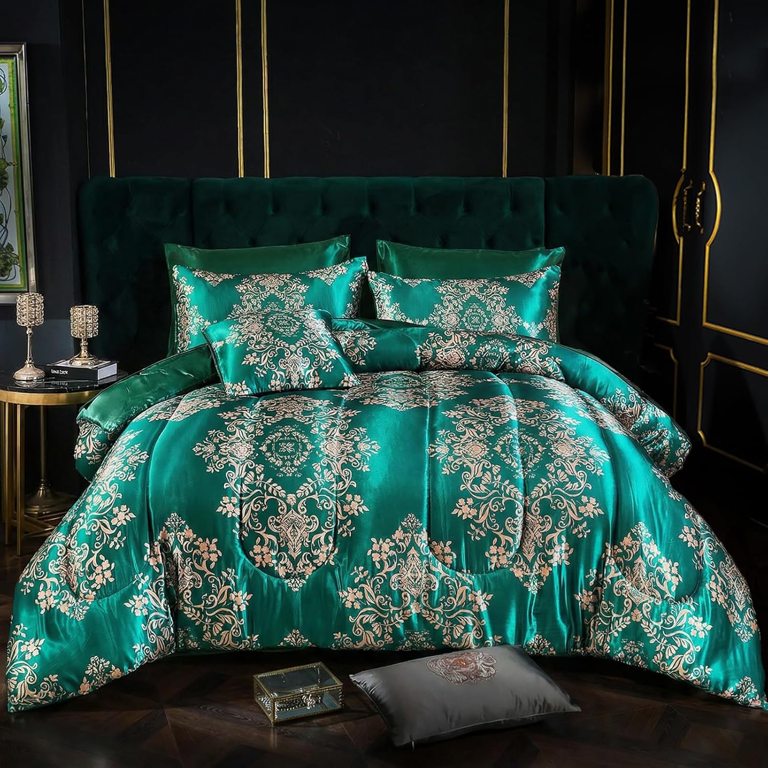 MOVE OVER 8 Pieces Green Satin Comforter Set King Size Silk Like Satin Bed in a Bag Soft and Elegant Euro Floral Comforter Set with Sheet Set Boho Chic Flower Pattern Luxury Bedding Set
