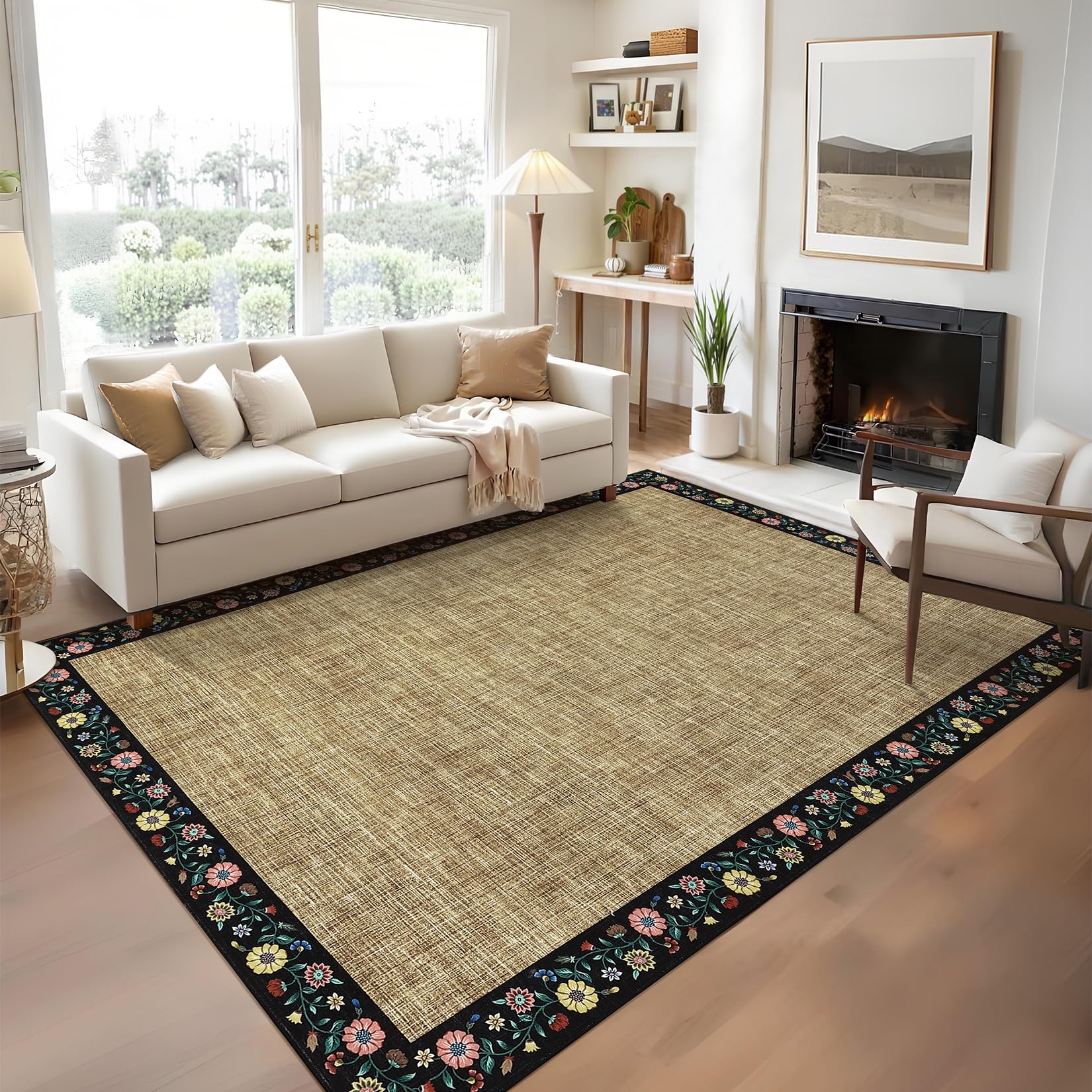 GarveeHome Modern Geometric Area Rug 5x7 Distressed Bordered Rug Washable Non Slip Floor Carpet Non Shedding Thin Rug, Soft Low Pile Rug, Contemporary Brown Rug for Dining Room, Living Room