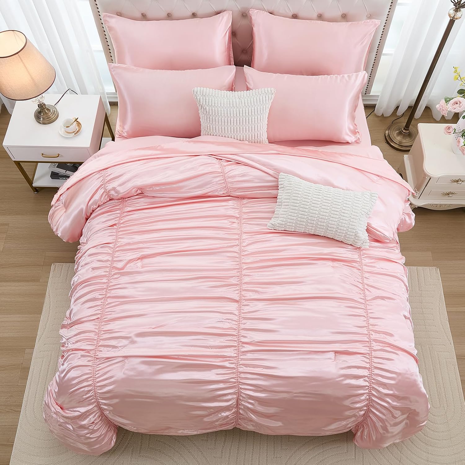 Bedorm Queen Size Satin Comforter Set 9 Pcs Pinch Pleat Bedding Comforter Extra Soft Fluffy Silky Pink Satin Bedding Set with Comforter, Flat Sheet, Fitted Sheet, Pillowcase & Cushion Cover
