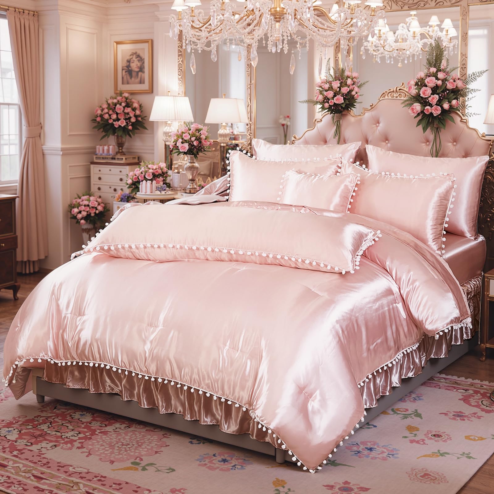 Bedorm Black Satin Comforter Sets Queen Silky Pom Pom Bedding Set 10 Pcs White Balls Fringe Decorative Comforter Silk Like Satin Comforter with Satin Sheet Set & Bed Skirt & Pillow Cover