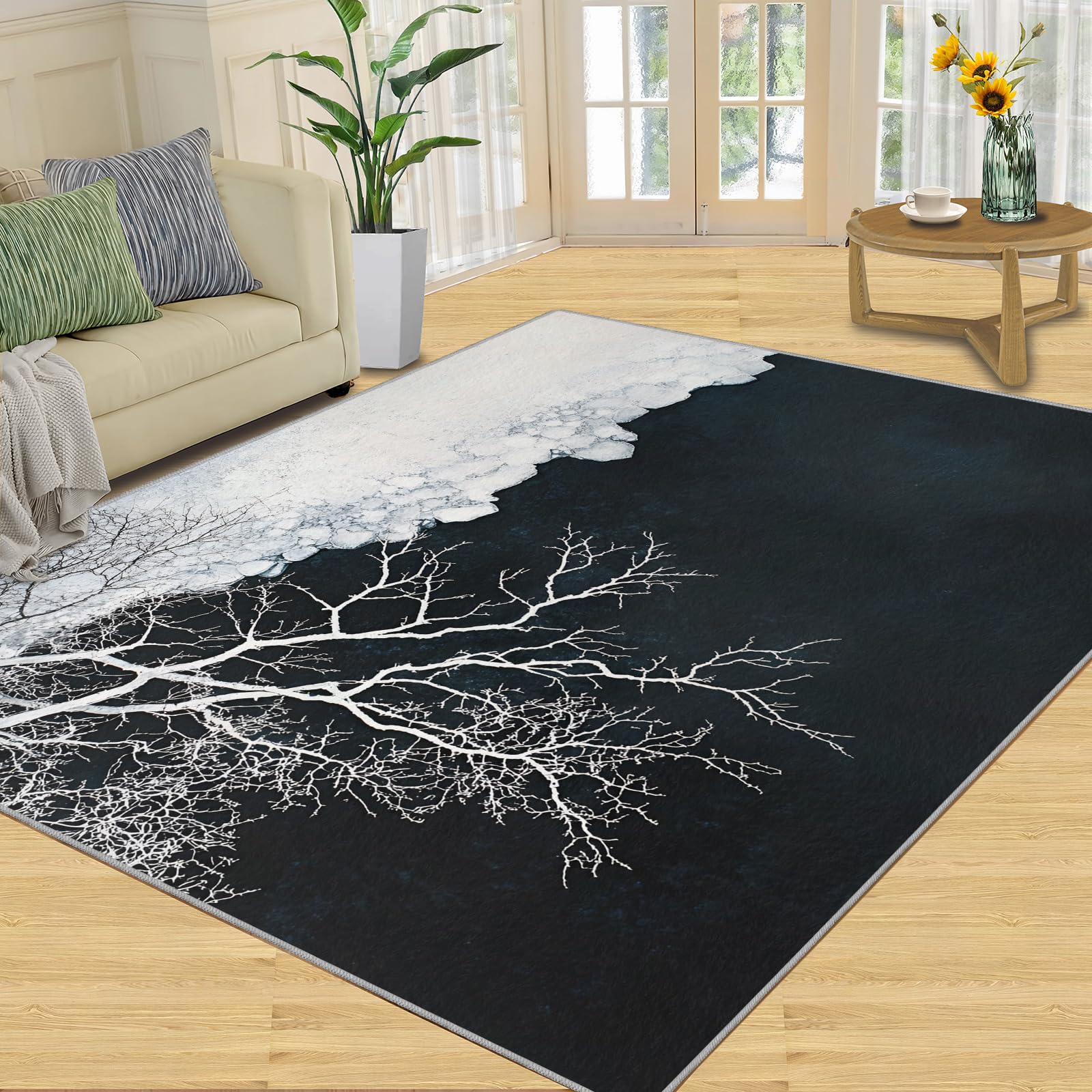 3D Geometric Rug - 4x4 Square Rug - Nordic Geometric Rugs for Living Room Bedroom, Blue Gradient Indoor Carpet - Washable Non Slip Soft Low Pile - Area Rugs & Home Decor