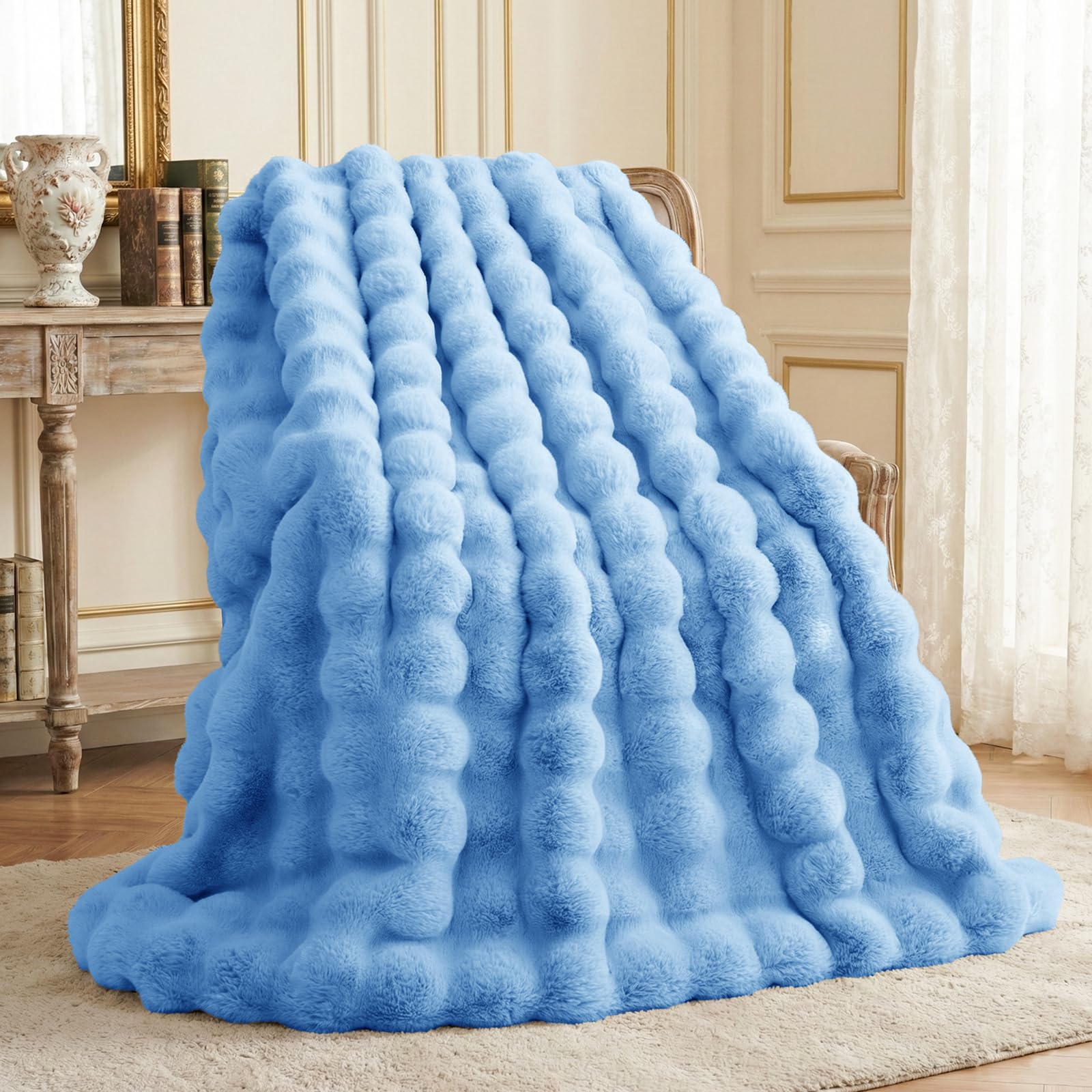 L'AGRATY Faux Rabbit Fur Blanket: 50" x 60" Luxury Soft Fluffy Thick Fur Throw Blanket for Couch Bed - Cozy Plush Bubble Blankets for Winter: Warm Flannel Fleece Decorative Blanket(Milk Tea Brown)