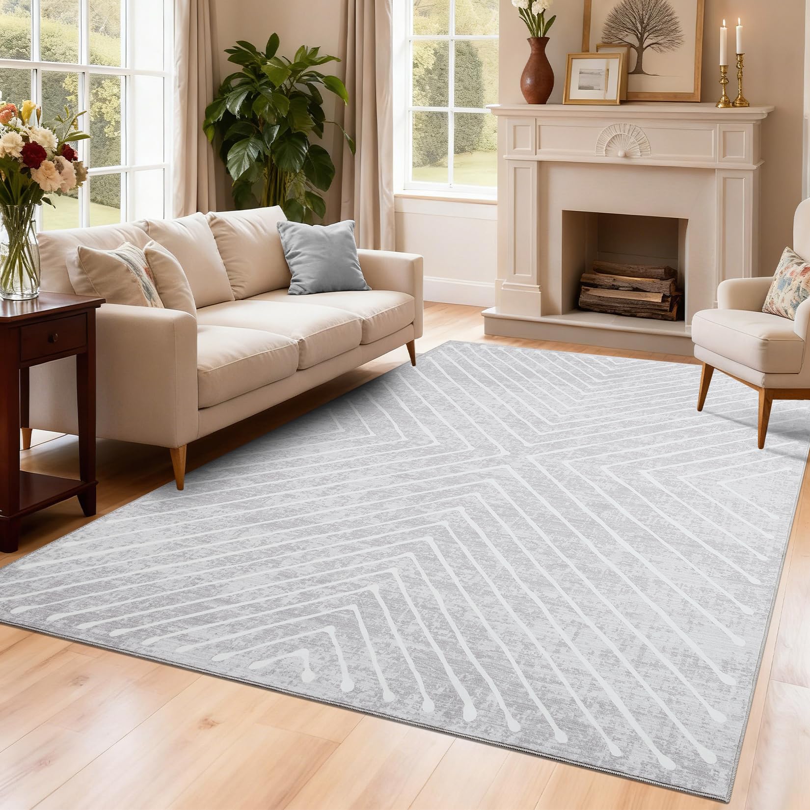 Area Rug 9x12 Living Room Rug Non Slip Modern Bedroom Stain Resistant Dining Room Throw Carpet Geometric Low Pile Untra Soft Contemporary Accent Carpet for Home Office, White&Black