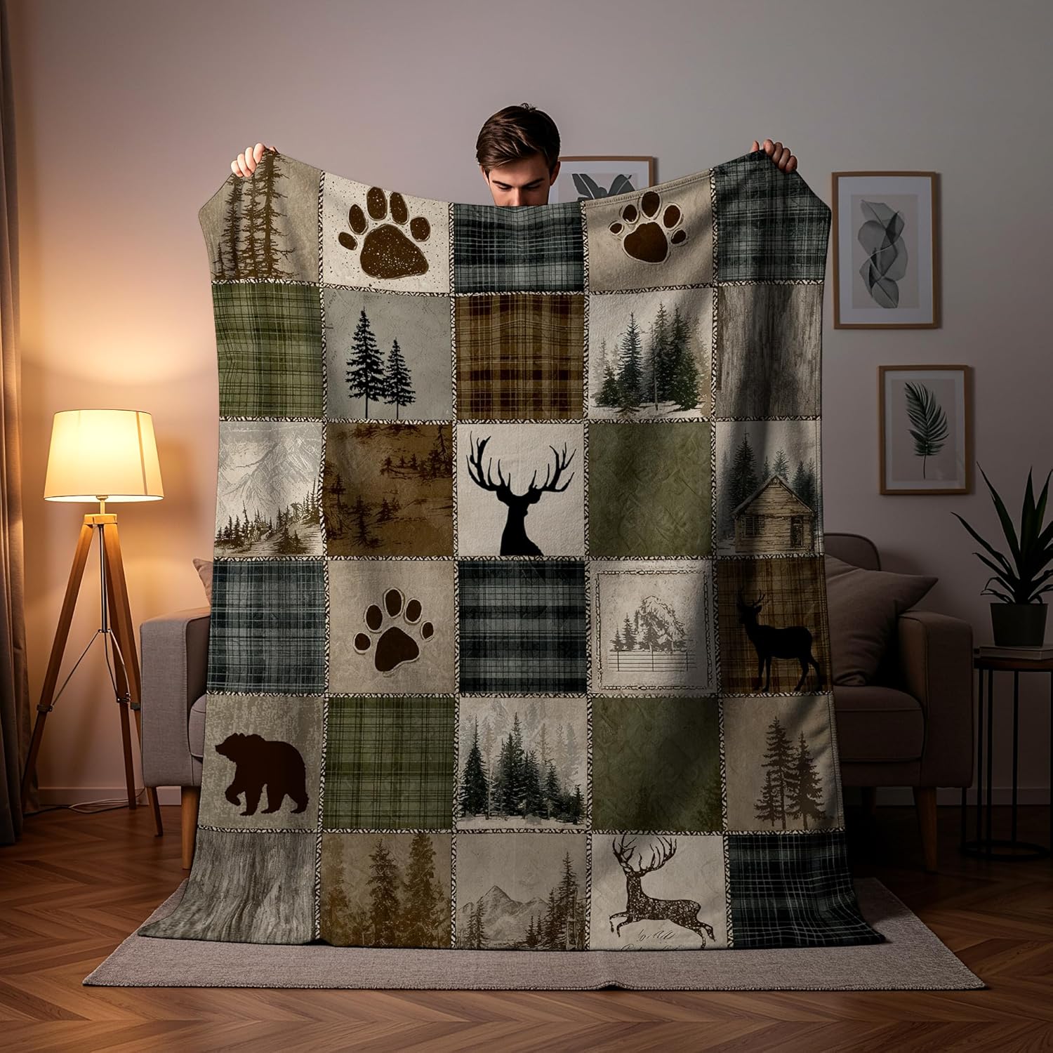Rustic Cabin Throw Blanket Country Hunting Wildlife Bear Deer Lodge Brown Plaid Patchwork Soft Cozy Flannel Fleece Blankets for Living Room Bedroom Couch Sofa Bed Rustic Home Decor, 50x60 Inch