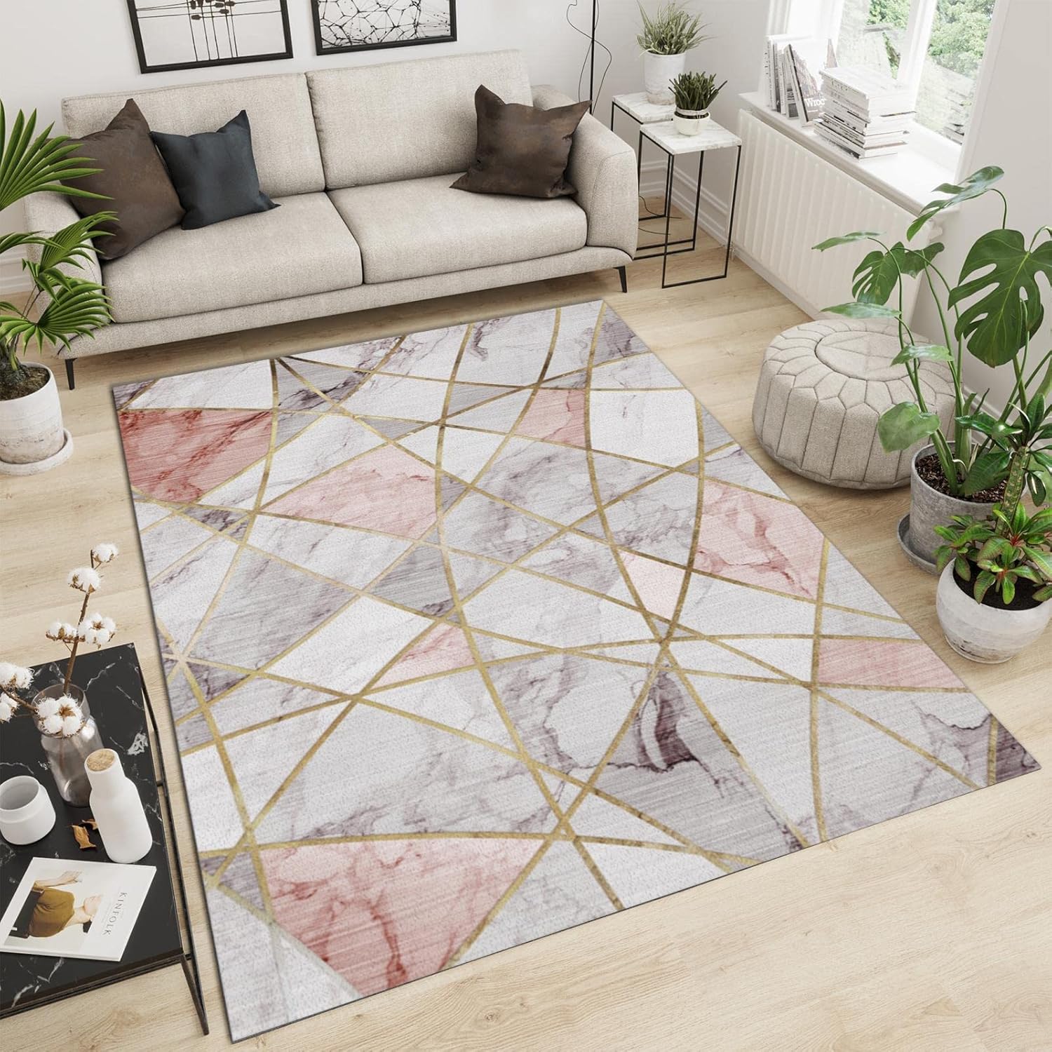 Nordic Modern Pink and White Marble Carpet for Living Room, Area Rugs 8x10ft, Boho Creative Rose Gold Geometric Library Rug, Soft Flannel with Anti-Slip Backing for Bedroom Room Boy Girl Room