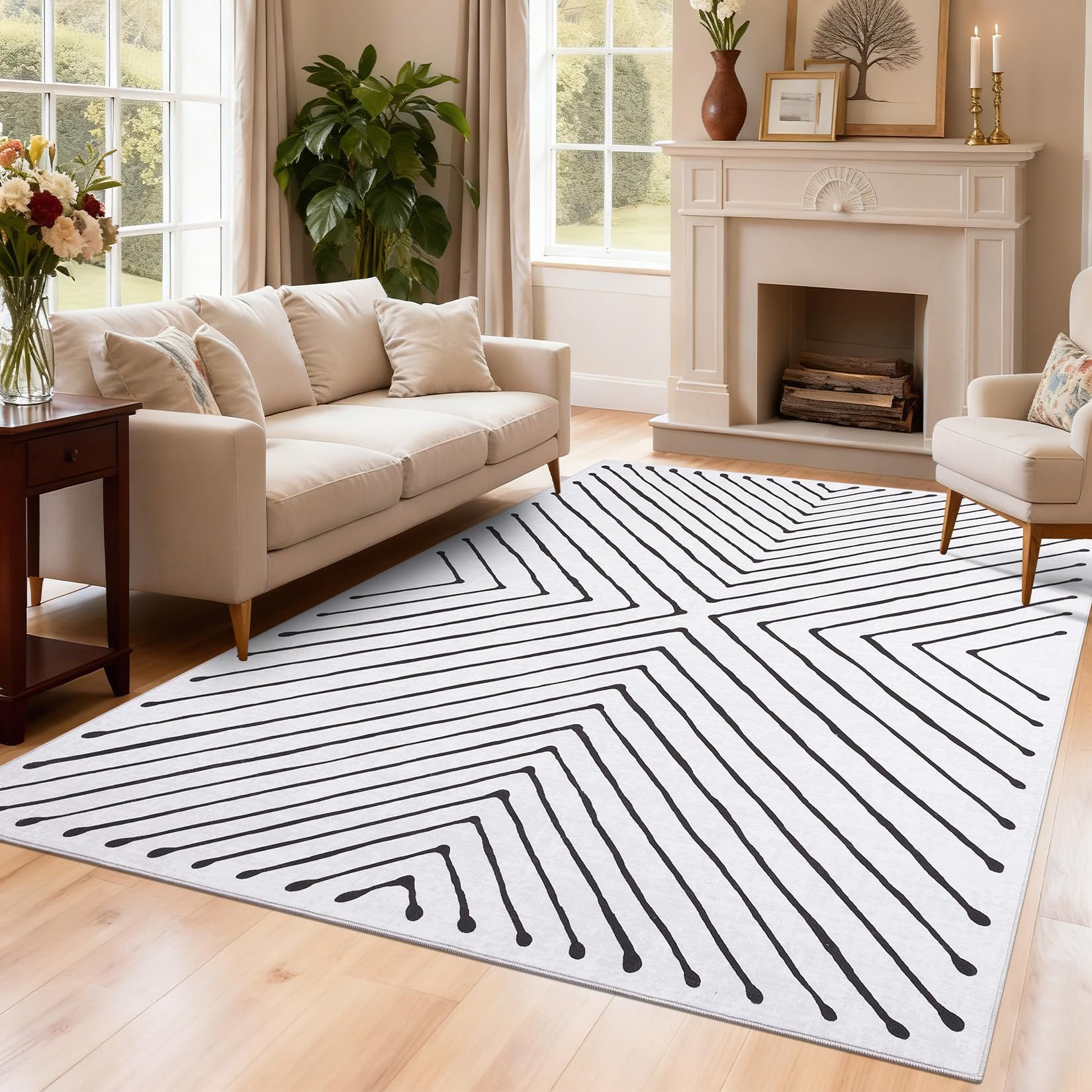 Area Rug 9x12 Living Room Rug Non Slip Modern Bedroom Stain Resistant Dining Room Throw Carpet Geometric Low Pile Untra Soft Contemporary Accent Carpet for Home Office, White&Black