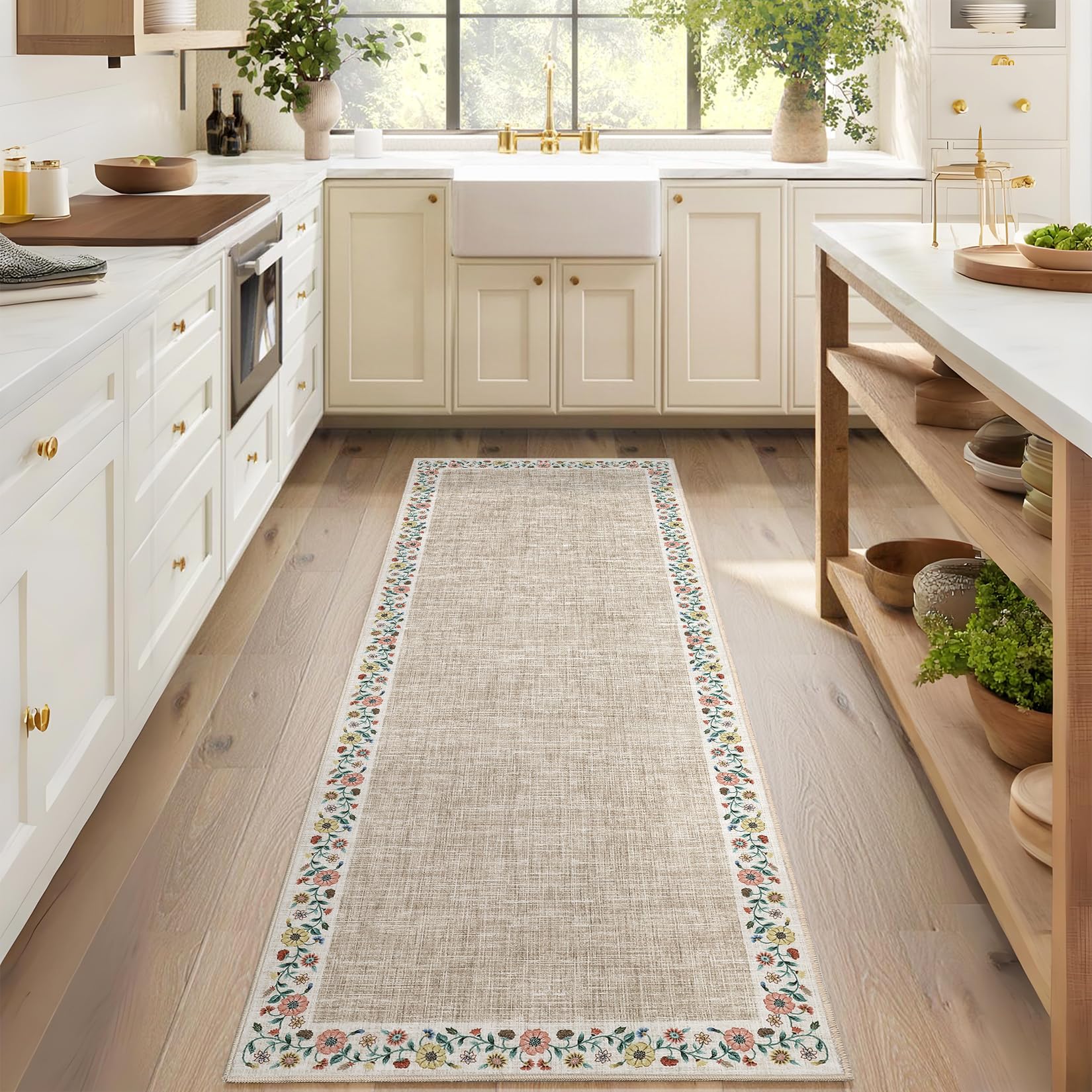 GarveeHome Modern Geometric Area Rug 5x7 Distressed Bordered Rug Washable Non Slip Floor Carpet Non Shedding Thin Rug, Soft Low Pile Rug, Contemporary Brown Rug for Dining Room, Living Room