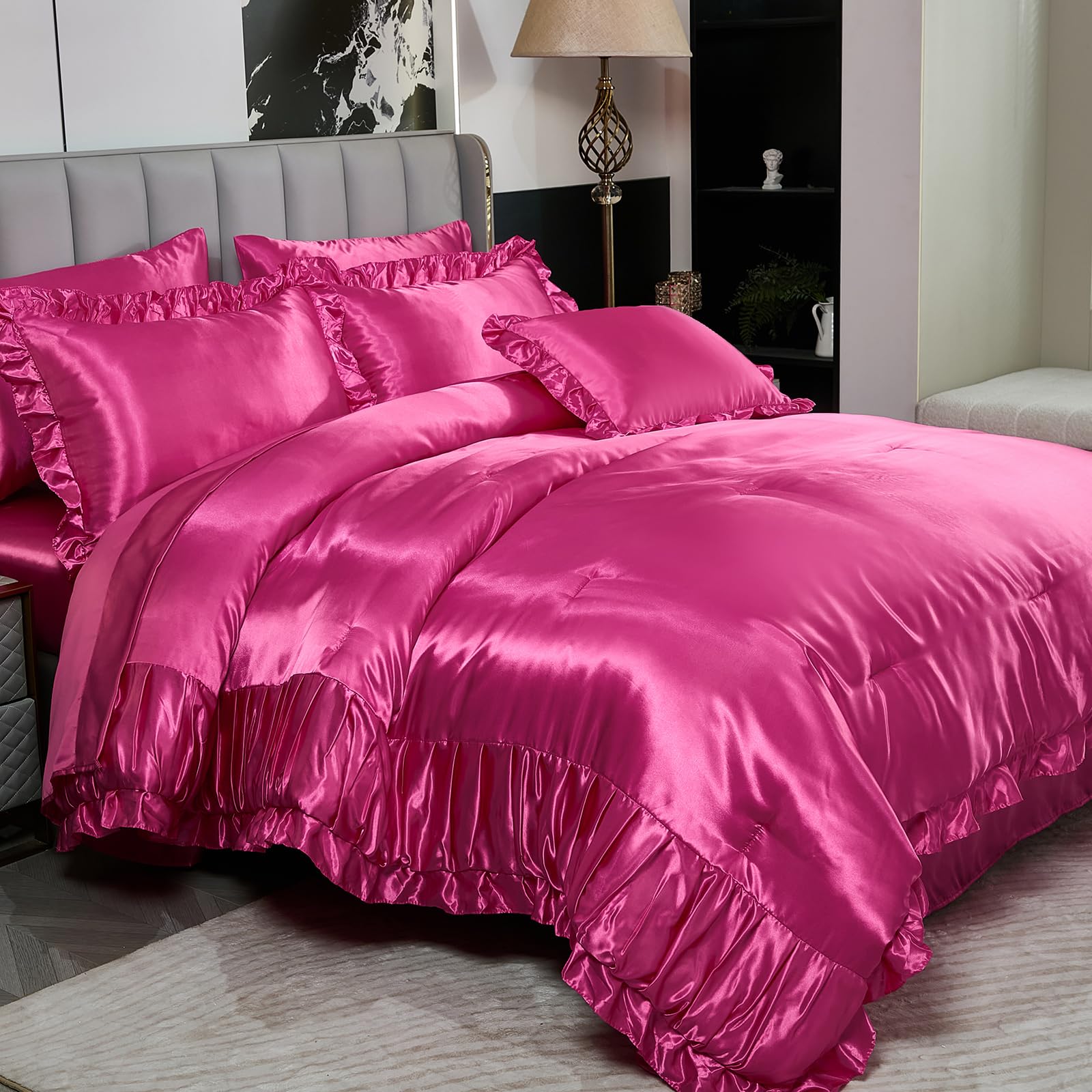 Herside Satin Pink Ruffle Comforter Set with Sheet Set Queen Size,8 Pieces Ruched Pleated Comforter Silk Like Satin Bedding Set,Soft Smooth Luxury Shabby Chic Silky Quilt Set for All Season