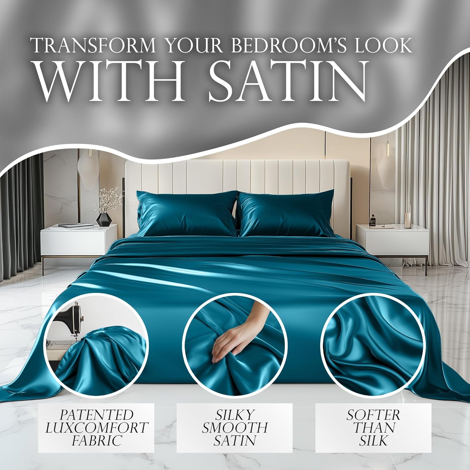 DECOLURE Satin Sheets King Size Set 4 Pcs - Silky & Luxuriously Soft Satin Bed Sheets w/ 15inch Deep Pocket - Similar to Silk Sheets - Double Stitching, Wrinkle Free (Sea Teal-01)