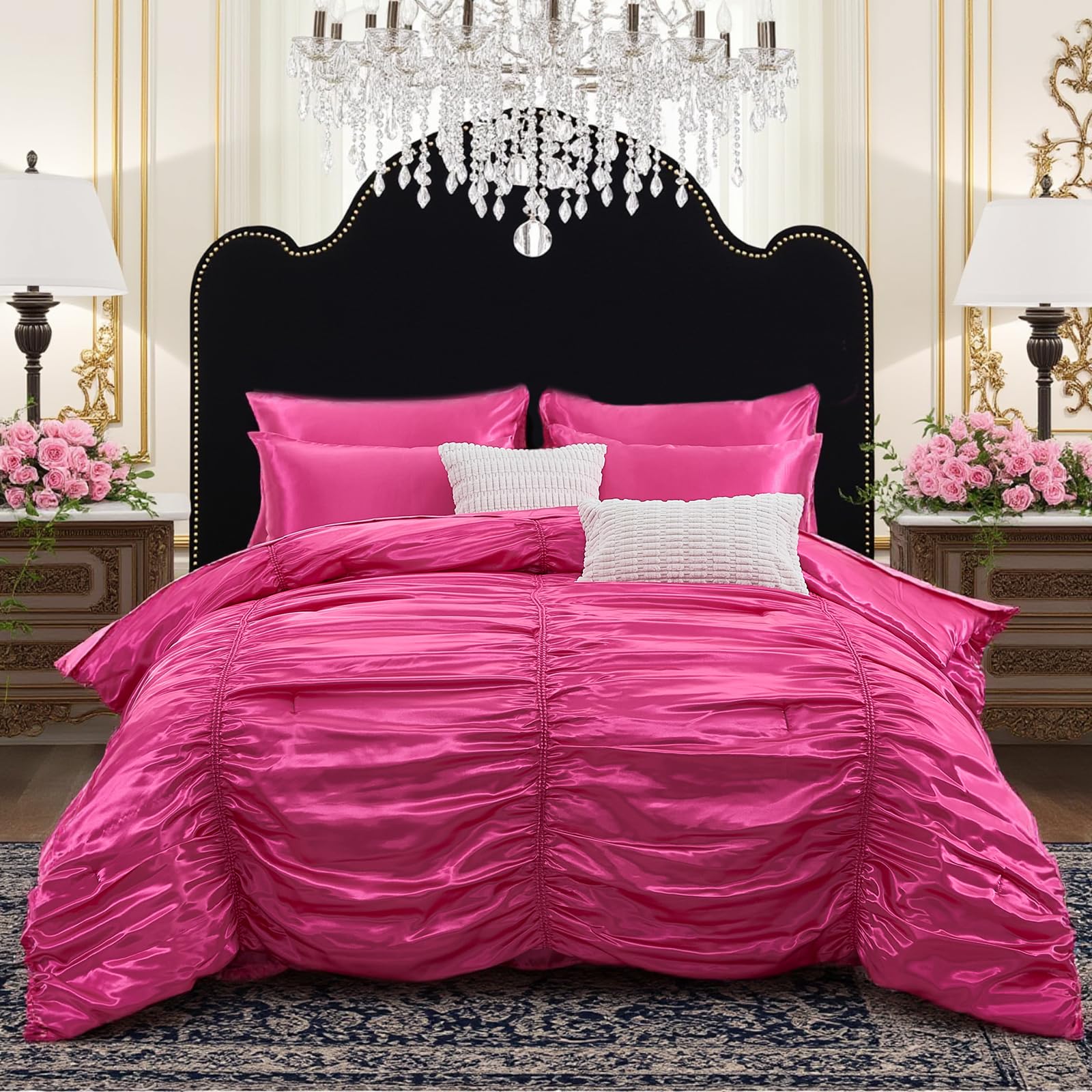Bedorm Queen Size Satin Comforter Set 9 Pcs Pinch Pleat Bedding Comforter Extra Soft Fluffy Silky Pink Satin Bedding Set with Comforter, Flat Sheet, Fitted Sheet, Pillowcase & Cushion Cover