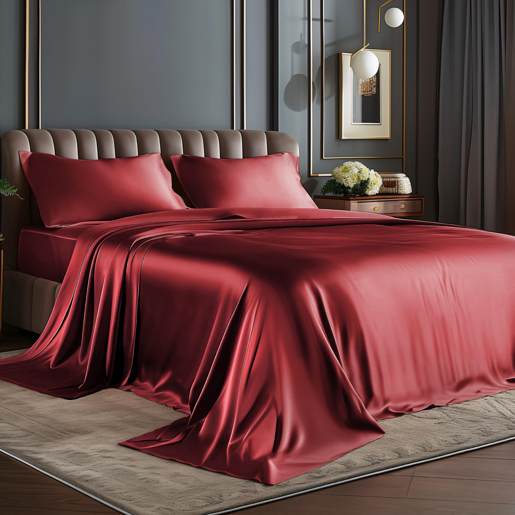 BEDELITE Satin Sheets Queen Size Bed Set, Luxury Soft Black Silky Sheets for Hair and Skin, Similar to Silk Bed Sheets Set 4 Pieces with 1 Deep Pocket Fitted Sheet, 1 Flat Sheet, and 2 Pillowcases