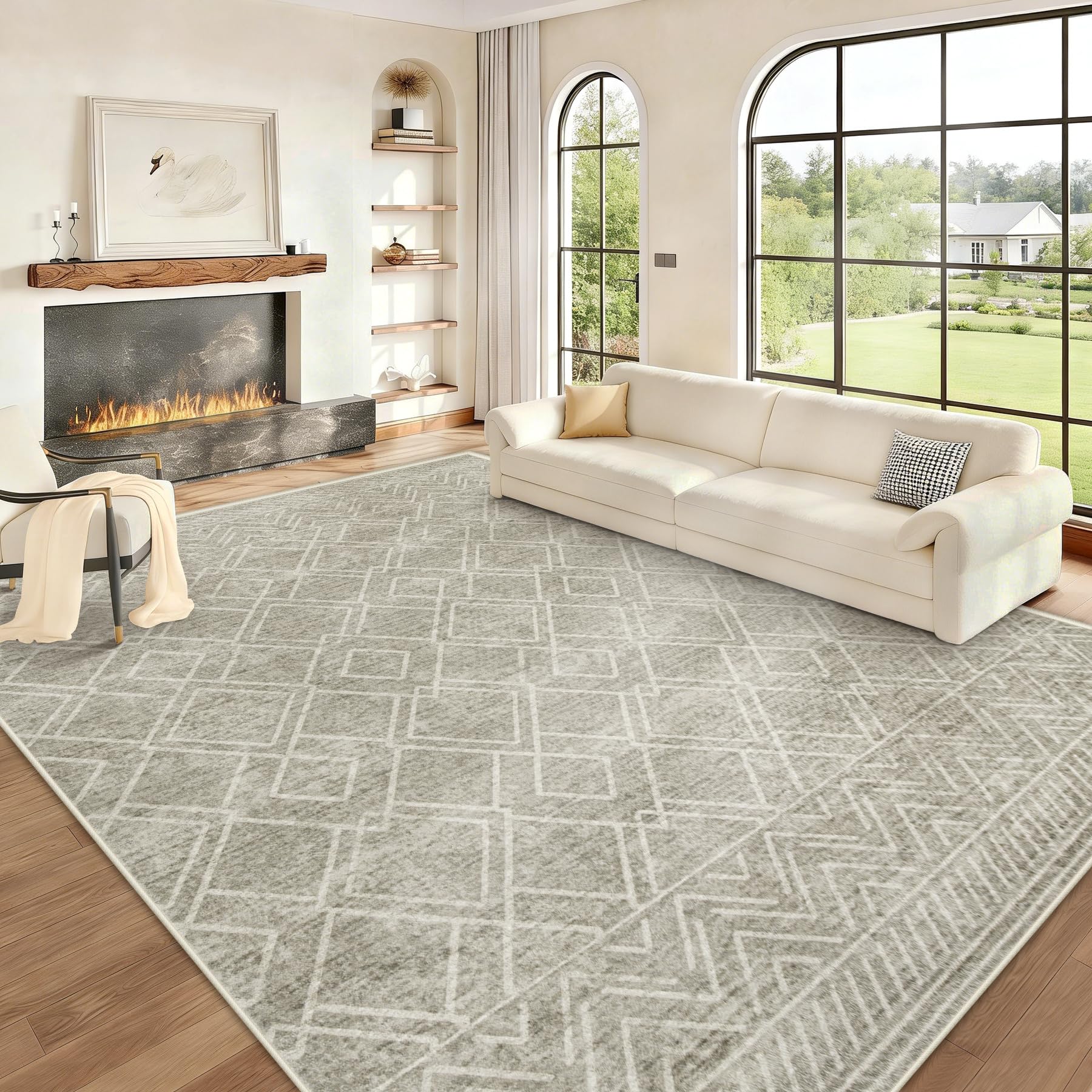 Area Rugs 5x7 Living Room Rug: Washable Geometric Moroccan Neutral Rugs Boho Modern Non Slip Area Rug Soft Indoor Floor Low Pile Carpet for Bedroom Nursery Dining Room Home Office (Beige, 5'x7')