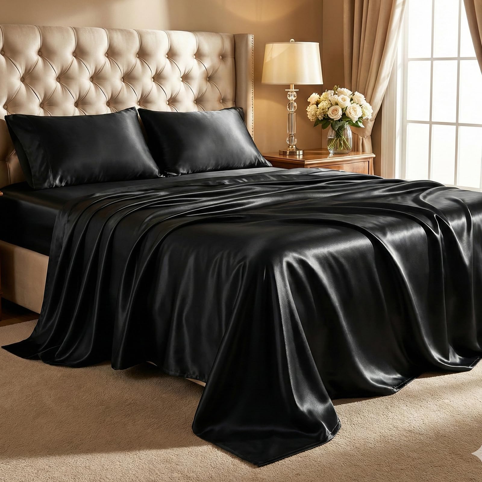 Thmyo 3-Piece Satin Bedding Set,Satin Fitted Sheet with Pillowcases,Soft Comfort Hypoallergenic Breathable Bedding Set (1 Fitted Sheet+2 Pillowcases) (Black, Twin)