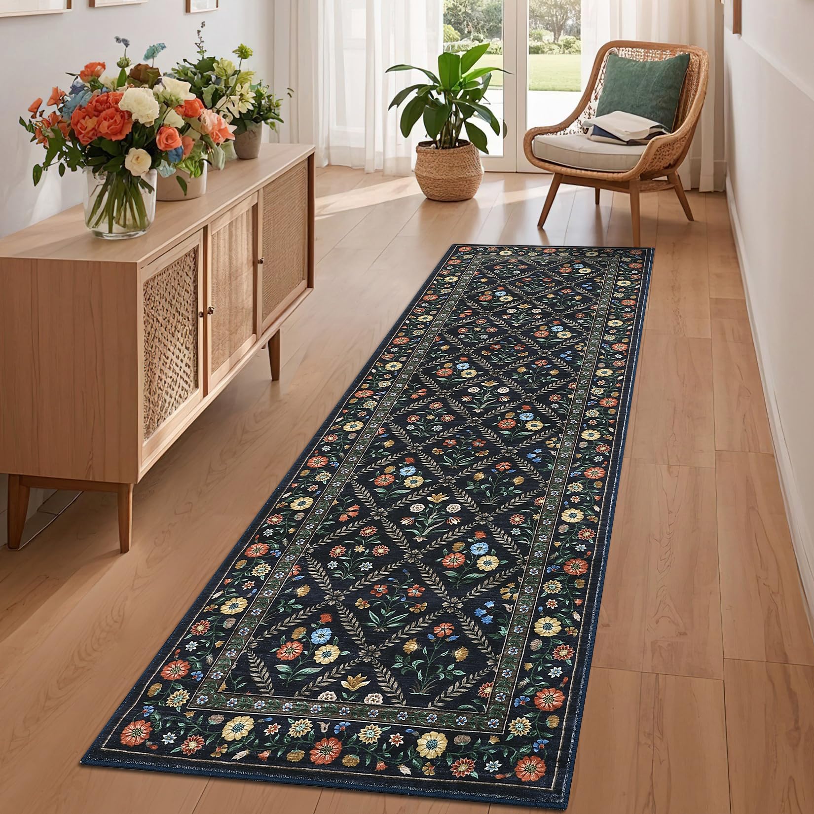 GarveeHome Modern Geometric Area Rug 5x7 Distressed Bordered Rug Washable Non Slip Floor Carpet Non Shedding Thin Rug, Soft Low Pile Rug, Contemporary Brown Rug for Dining Room, Living Room