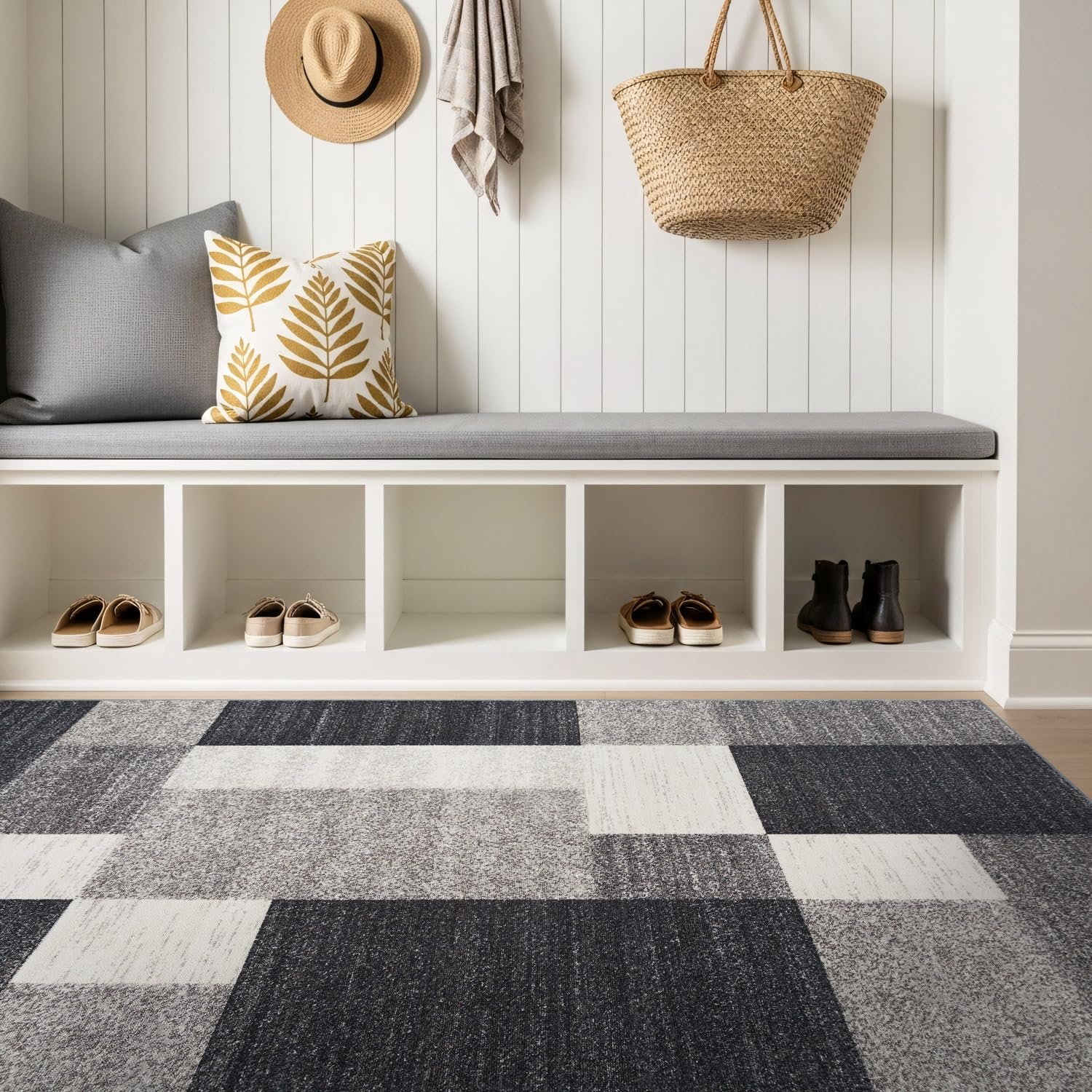 Rugshop Contemporary Blue Geometric Boxes Non-Slip Area Rug Non-Shedding for Living Room, Dining Room and Office, 5'3" x 7'3"