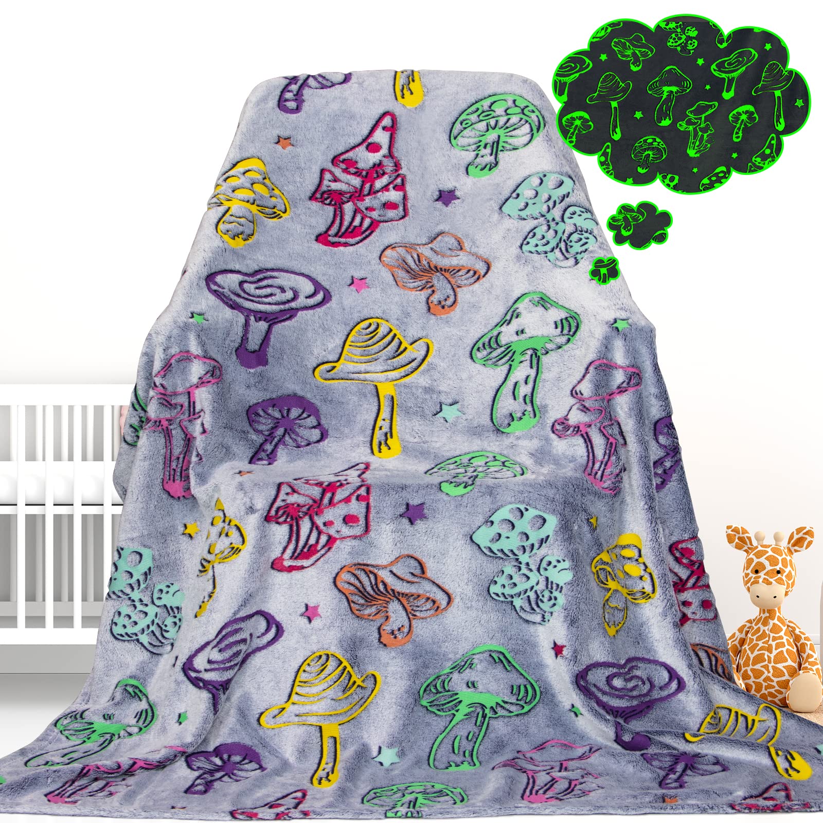 Mushroom Blanket Gifts for Women Girls Easter, Large Soft Cozy Fleece Throw Blanket, Cute Cottagecore Decor for Bedroom Sofa Couch Bed, Glow in the Dark Blanket, 60"x80"