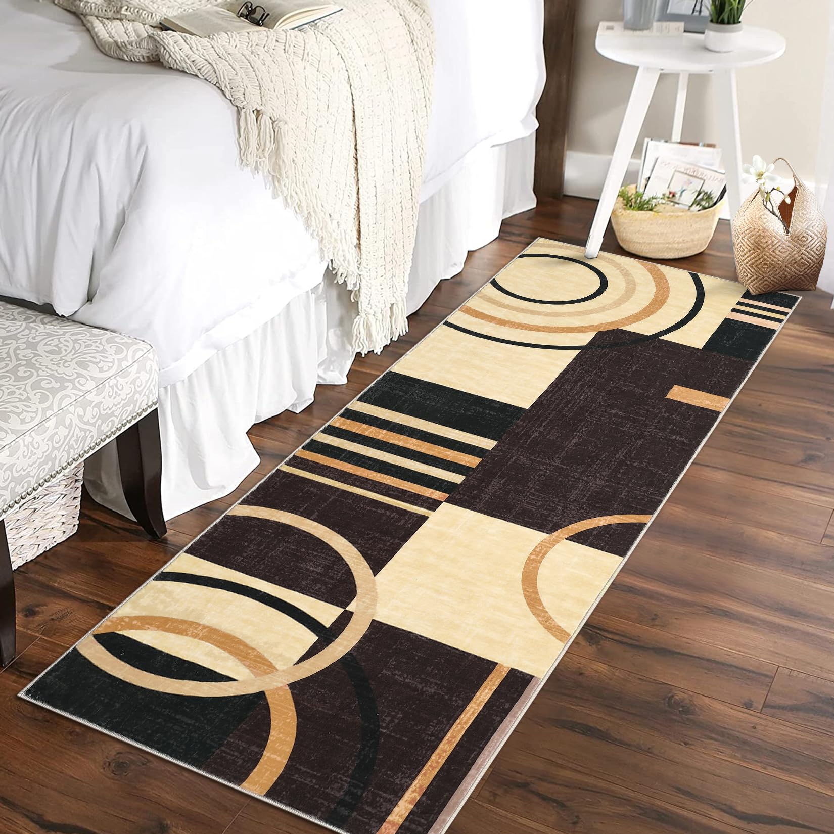 RUGSREAL Washable Rug 5x7 Abstract Circles Area Rugs Non Slip Floor Carpet Contemporary Soft Rug Low Pile Accent Rugs for Indoor Living Dining Room, Brown